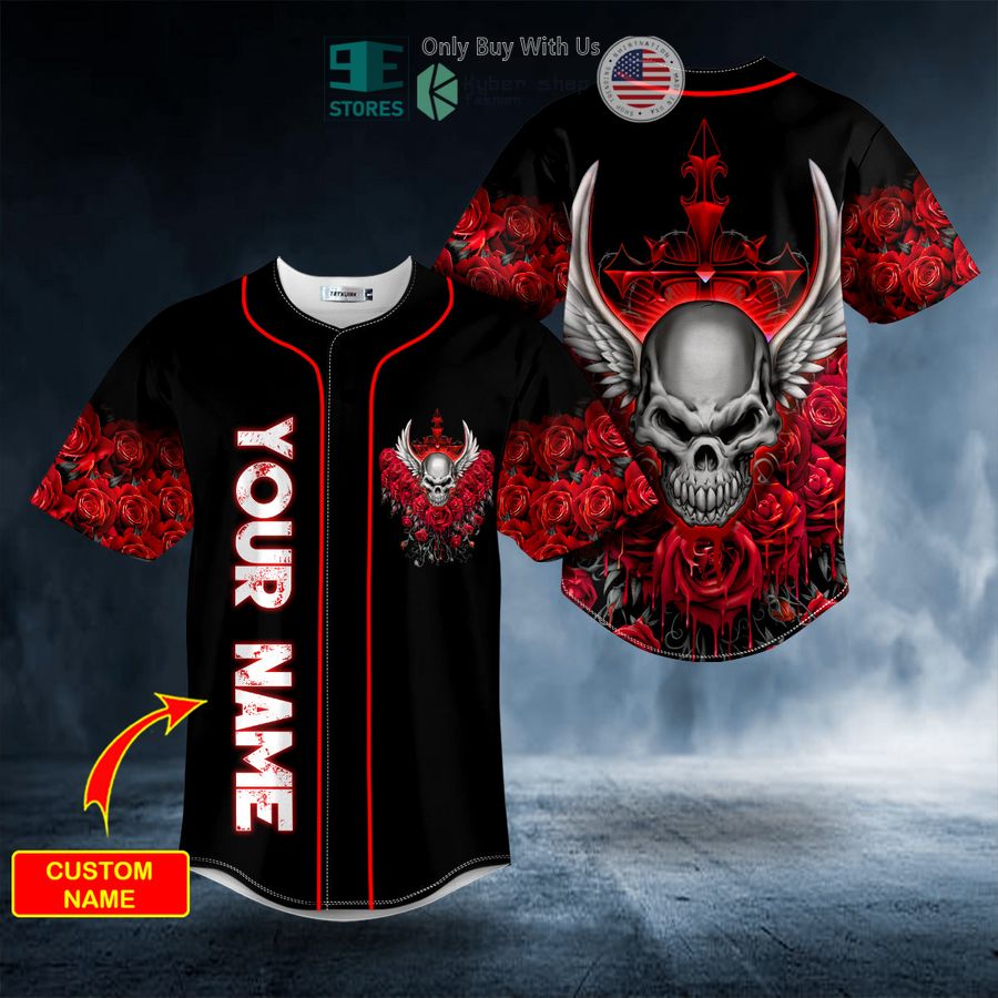 BEST Personalized Roses Winged Skull Custom Baseball Jersey Unisex T-shirt, Sweatshirt, Hoodie, Long Sleeve Tee - T-Shirt, Sweatshirt, Hoodie