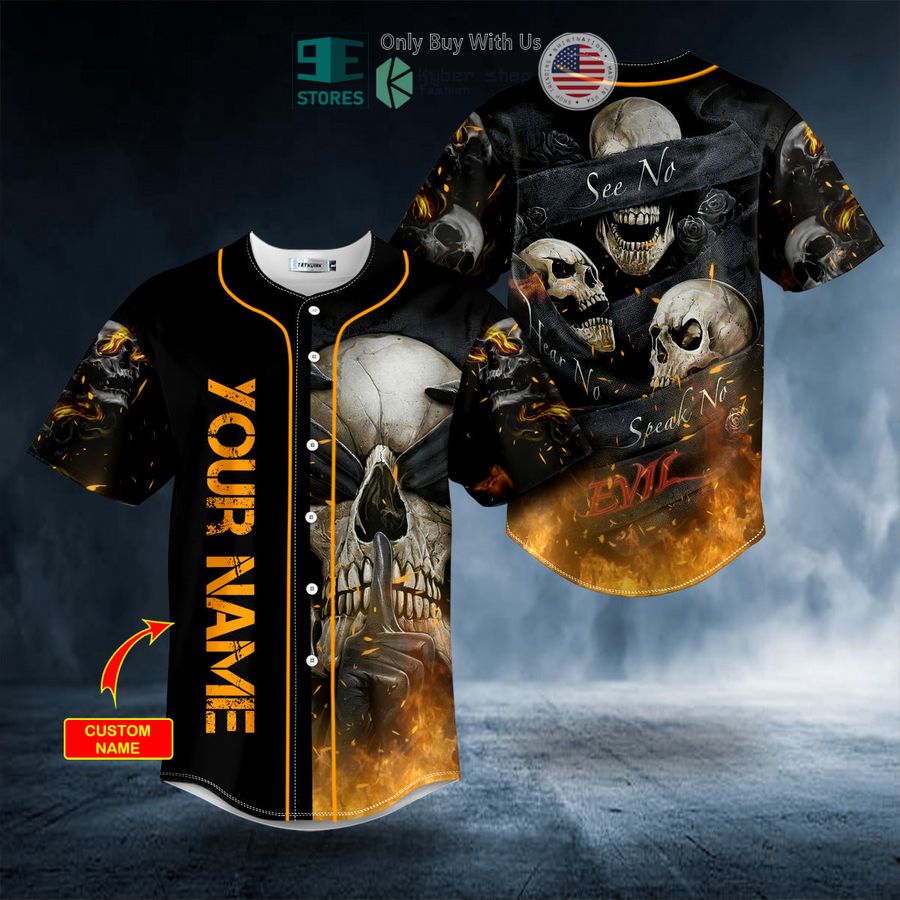 BEST Personalized See Hear Speak No Evil Fire Skull Custom Baseball Shirt Unisex T-shirt, Sweatshirt, Hoodie, Long Sleeve Tee - T-Shirt, Sweatshirt, Hoodie