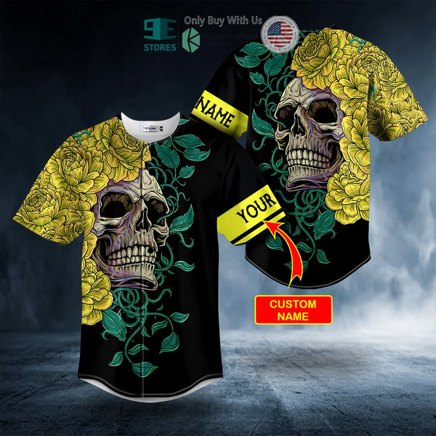 BEST Personalized Yellow Green Floral Sugar Skull Custom Baseball Jersey Unisex T-shirt, Sweatshirt, Hoodie, Long Sleeve Tee - T-Shirt, Sweatshirt, Hoodie
