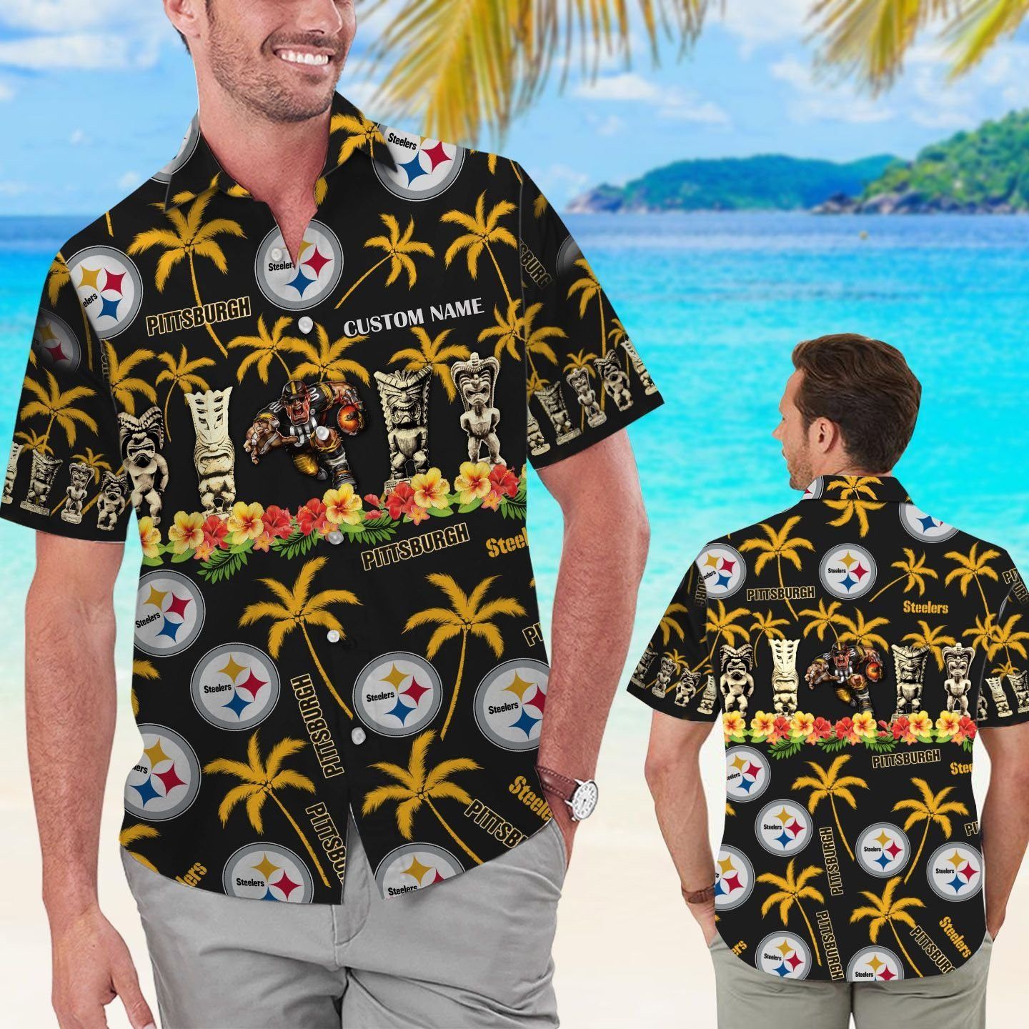 Pittsburg Steelers Name Personalized Short Sleeve Button Up Tropical Hawaiian Shirt Unisex T-shirt, Sweatshirt, Hoodie, Long Sleeve Tee - T-Shirt, Sweatshirt, Hoodie
