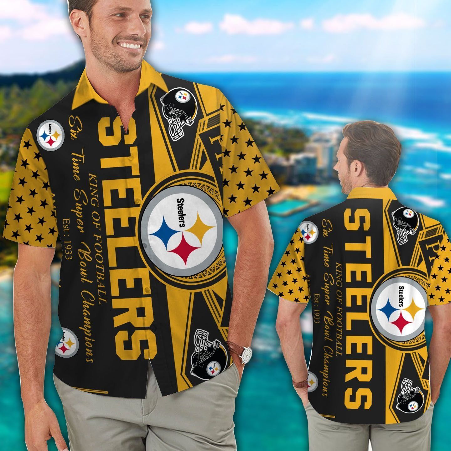 Pittsburg Steelers Short Sleeve Button Up Tropical Hawaiian Shirt VER07 Unisex T-shirt, Sweatshirt, Hoodie, Long Sleeve Tee - T-Shirt, Sweatshirt, Hoodie