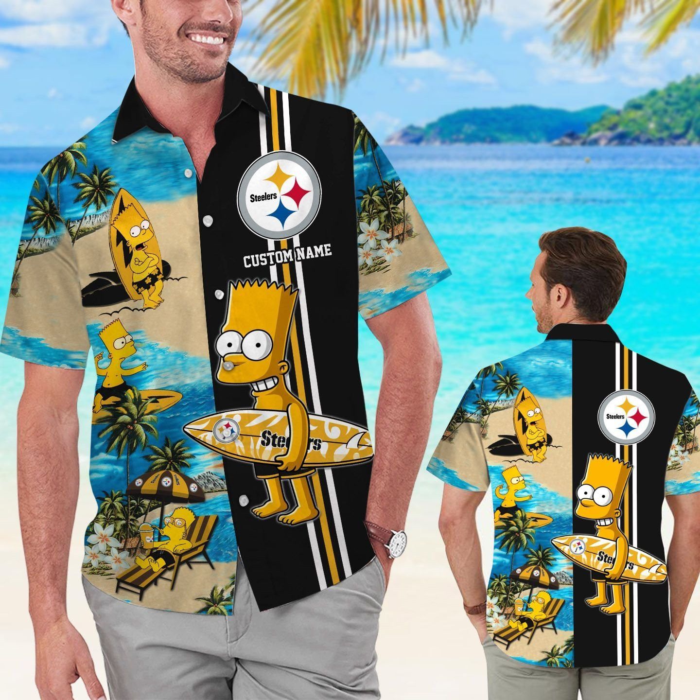 Pittsburg Steelers Simpsons Name Personalized Short Sleeve Button Up Tropical Hawaiian Shirt - T-Shirt, Sweatshirt, Hoodie