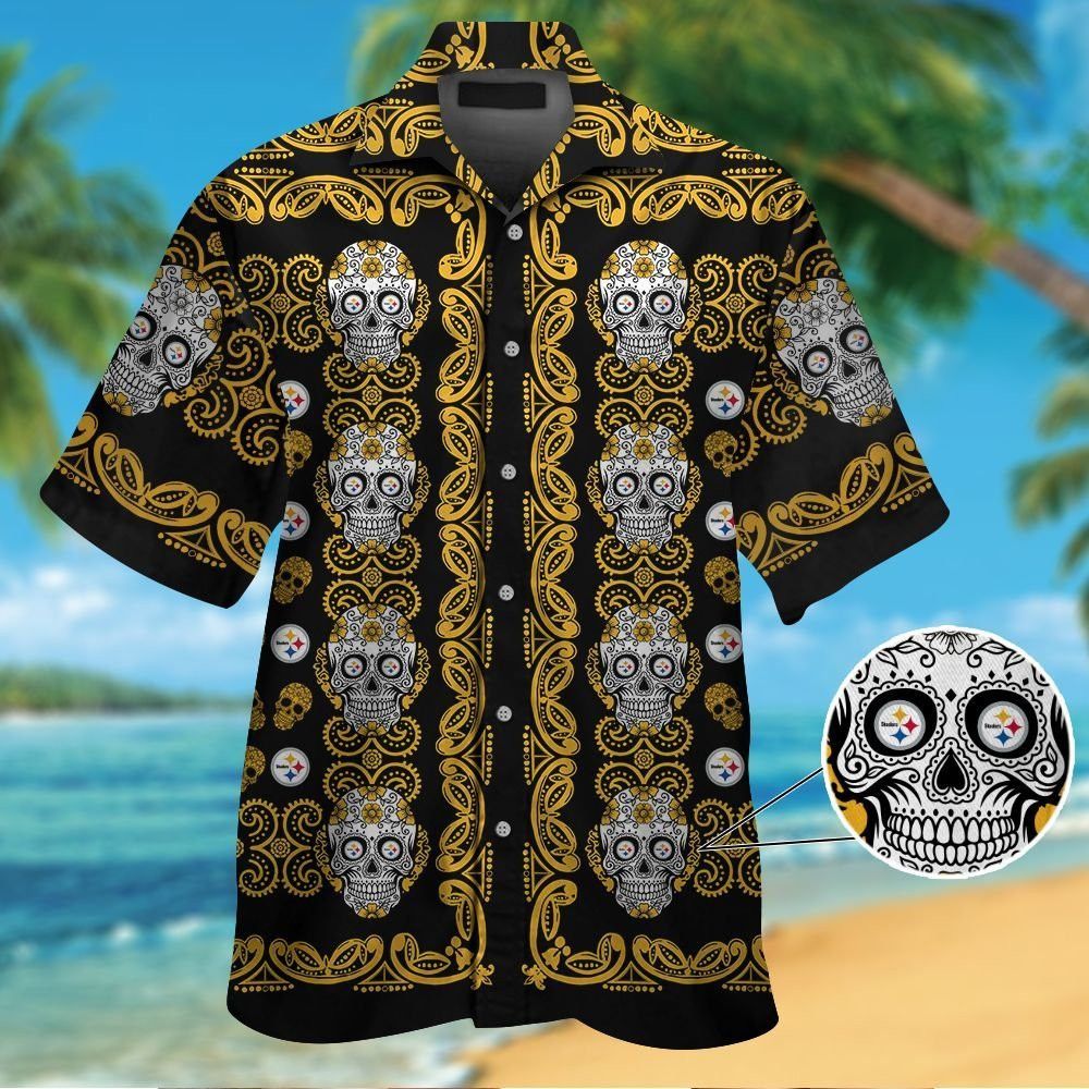 Pittsburg Steelers skull Short Sleeve Button Up Tropical Hawaiian Shirt VER01 Unisex T-shirt, Sweatshirt, Hoodie, Long Sleeve Tee - T-Shirt, Sweatshirt, Hoodie