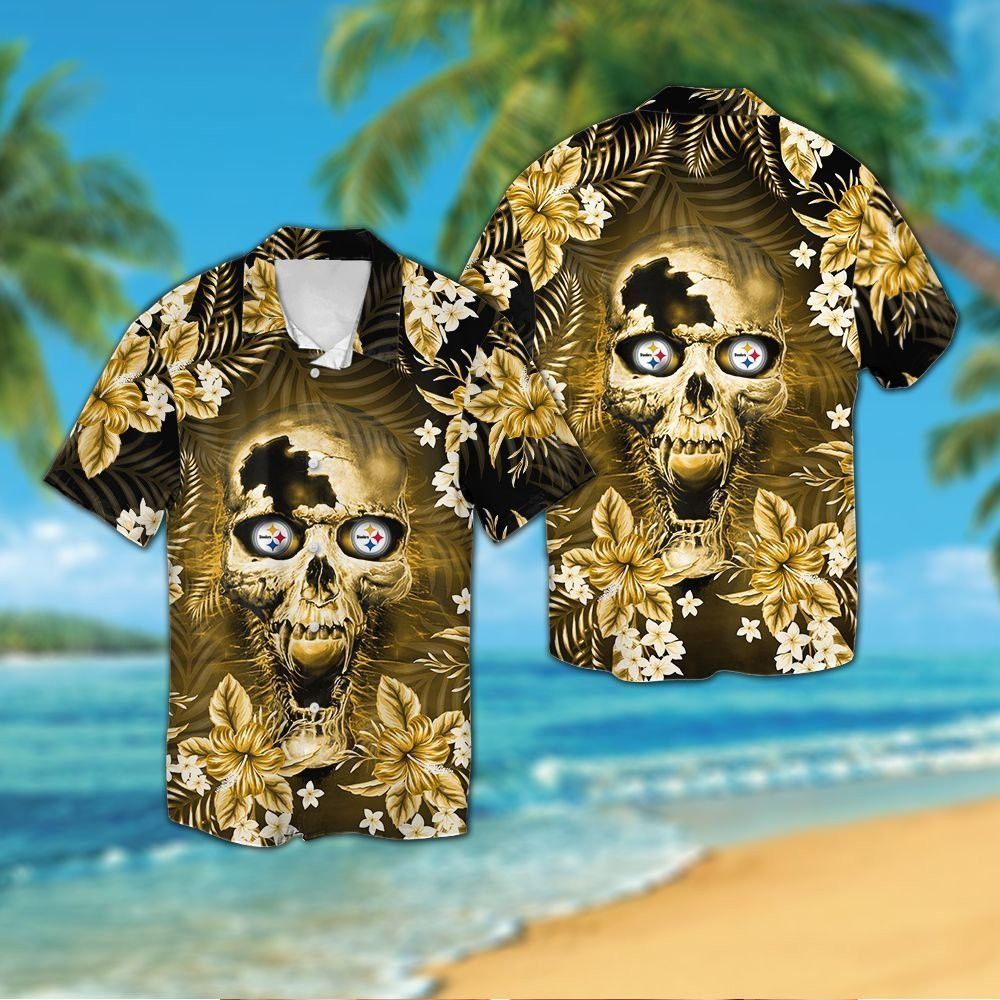 Pittsburg Steelers skull Short Sleeve Button Up Tropical Hawaiian Shirt VER02 Unisex T-shirt, Sweatshirt, Hoodie, Long Sleeve Tee - T-Shirt, Sweatshirt, Hoodie