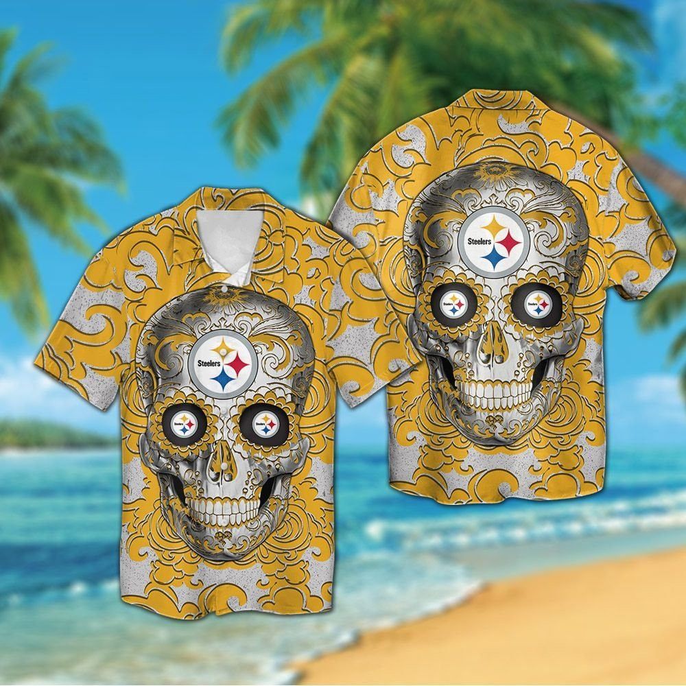 Pittsburg Steelers Sugarskull Short Sleeve Button Up Tropical Hawaiian Shirt Unisex T-shirt, Sweatshirt, Hoodie, Long Sleeve Tee - T-Shirt, Sweatshirt, Hoodie