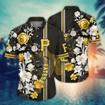 Pittsburgh Pirates Elegant Floral Stripe Hawaiian Shirt Unisex T-shirt, Sweatshirt, Hoodie, Long Sleeve Tee - T-Shirt, Sweatshirt, Hoodie