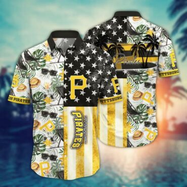 Pittsburgh Pirates Tropical Island Stripe Hawaiian Shirt Unisex T-shirt, Sweatshirt, Hoodie, Long Sleeve Tee - T-Shirt, Sweatshirt, Hoodie