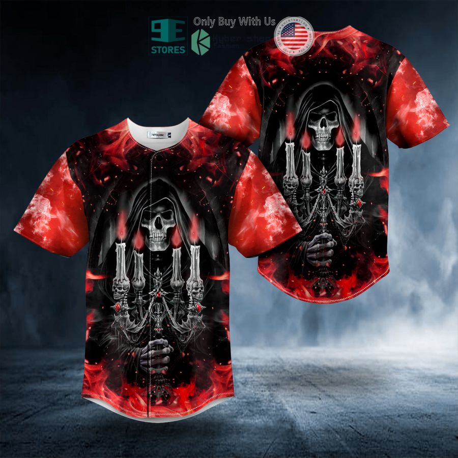 BEST Red Candelabra Candle Grim Reaper Skull Baseball Jersey Unisex T-shirt, Sweatshirt, Hoodie, Long Sleeve Tee - T-Shirt, Sweatshirt, Hoodie