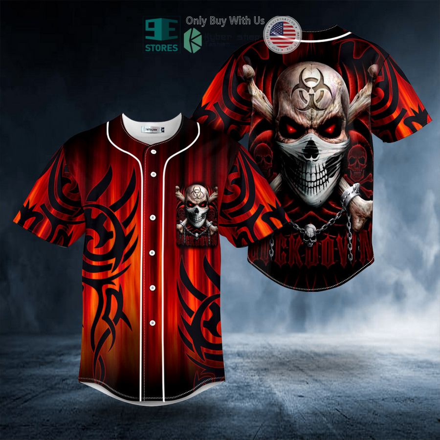 BEST Red Tribal Tattoos Lockdown Biohazard Skull Baseball Shirt Unisex T-shirt, Sweatshirt, Hoodie, Long Sleeve Tee - T-Shirt, Sweatshirt, Hoodie