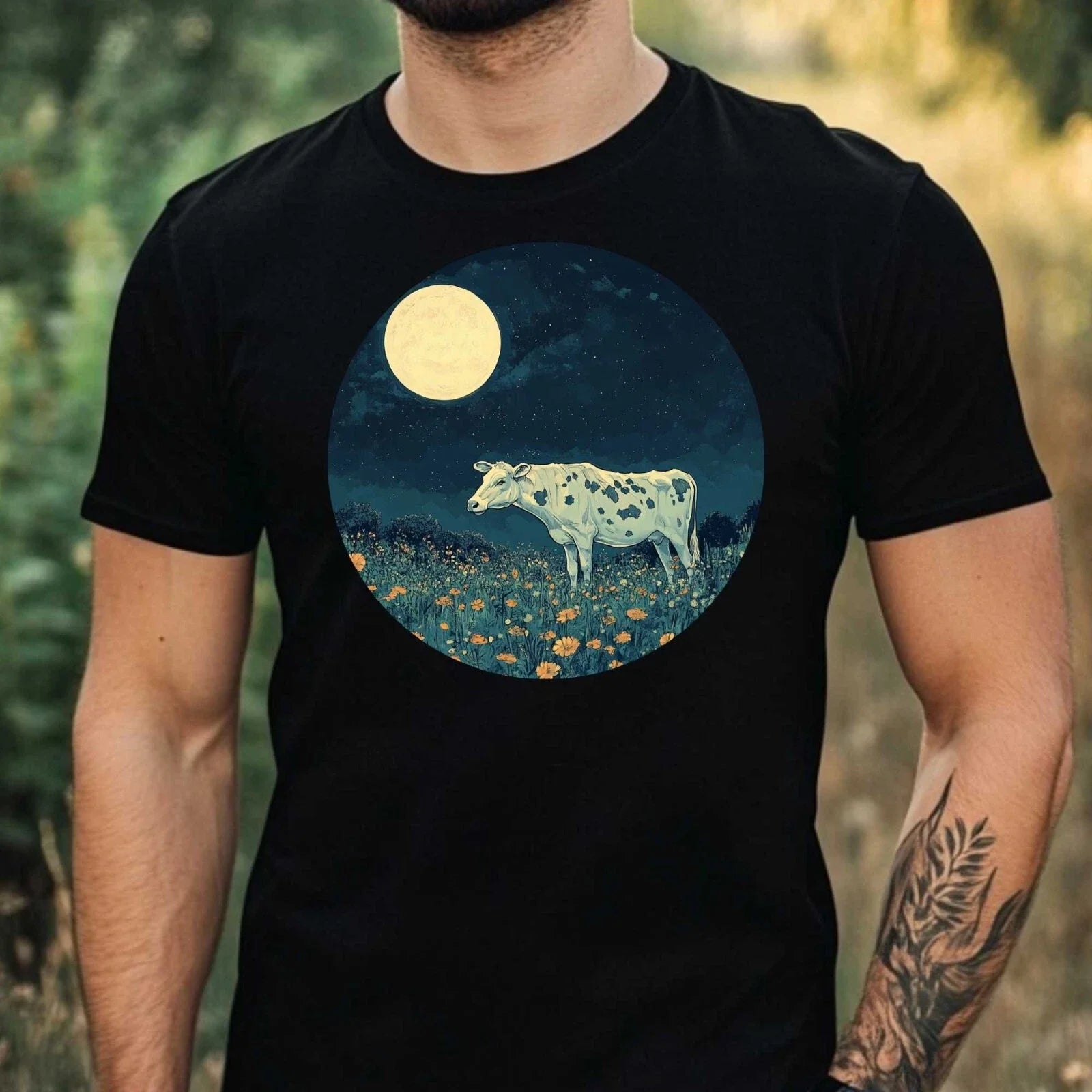 Mens Cow in Moonlight Motif Cotton T-Shirt Size XS to 5XL Unisex T-shirt, Sweatshirt, Hoodie, Long Sleeve Tee - T-Shirt, Sweatshirt, Hoodie