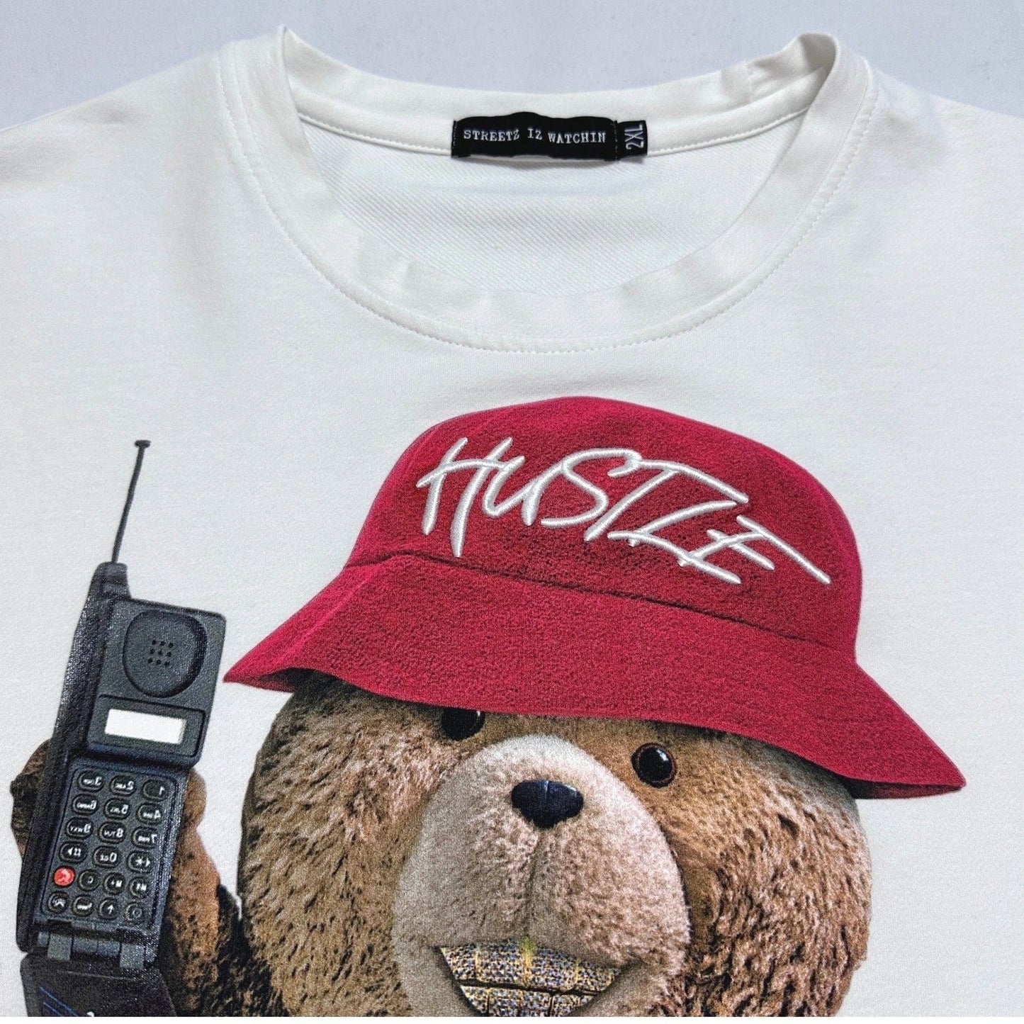 Streetz Iz Watchin Mens 2XL White Hustle Money Bear Graphic T-Shirt Short Sleeve Unisex T-shirt, Sweatshirt, Hoodie, Long Sleeve Tee - T-Shirt, Sweatshirt, Hoodie