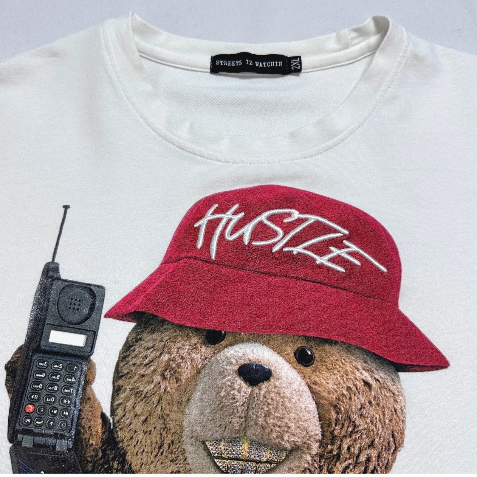 Streetz Iz Watchin Mens 2XL White Hustle Money Bear Graphic T-Shirt Short Sleeve Unisex T-shirt, Sweatshirt, Hoodie, Long Sleeve Tee - T-Shirt, Sweatshirt, Hoodie
