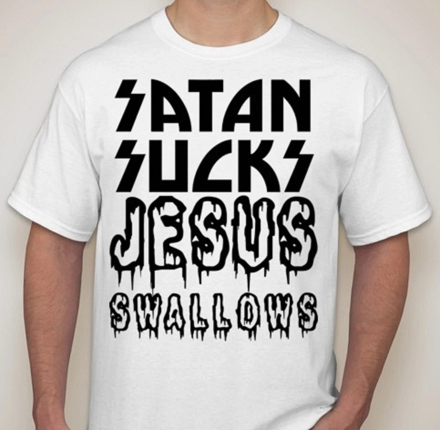 SATAN Sucks Jesus Swallows 666 Devil joke atheist T shirt tee Unisex T-shirt, Sweatshirt, Hoodie, Long Sleeve Tee - T-Shirt, Sweatshirt, Hoodie