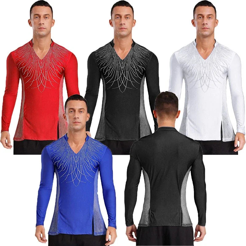 Men Latin Modern Ballroom Dance Tops Rhinestones Figure Skating Shirts AU Unisex T-shirt, Sweatshirt, Hoodie, Long Sleeve Tee - T-Shirt, Sweatshirt, Hoodie