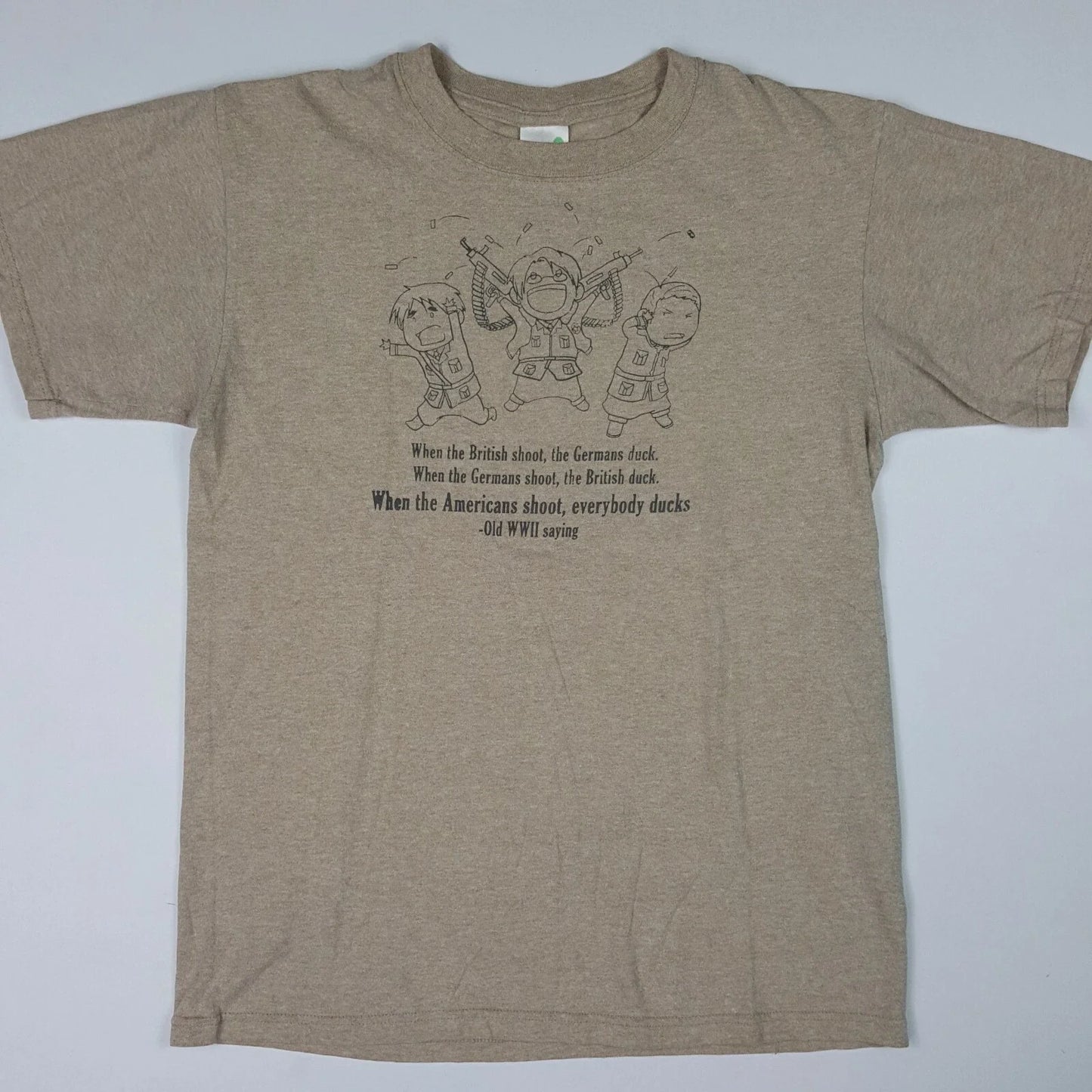 Anime Chibi Funny American War WWII Parody Quote Men's Size Medium T Shirt Brown Unisex T-shirt, Sweatshirt, Hoodie, Long Sleeve Tee - T-Shirt, Sweatshirt, Hoodie