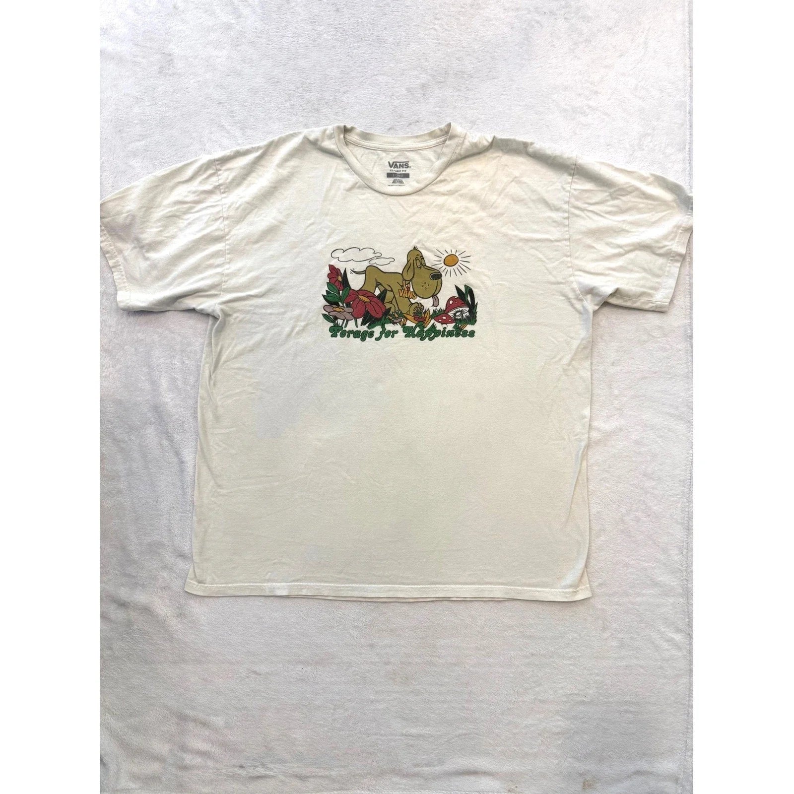 Vans Forage for Happiness Graphic T-Shirt Mens XL Cream Off White Dog Mushroom Unisex T-shirt, Sweatshirt, Hoodie, Long Sleeve Tee - T-Shirt, Sweatshirt, Hoodie