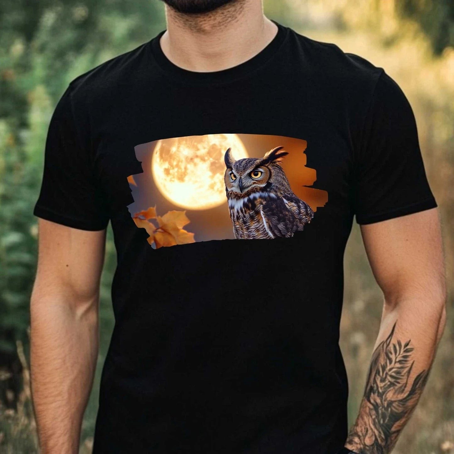 Mens Owl and Full Moon Motif Cotton T-Shirt Size XS to 5XL Unisex T-shirt, Sweatshirt, Hoodie, Long Sleeve Tee - T-Shirt, Sweatshirt, Hoodie