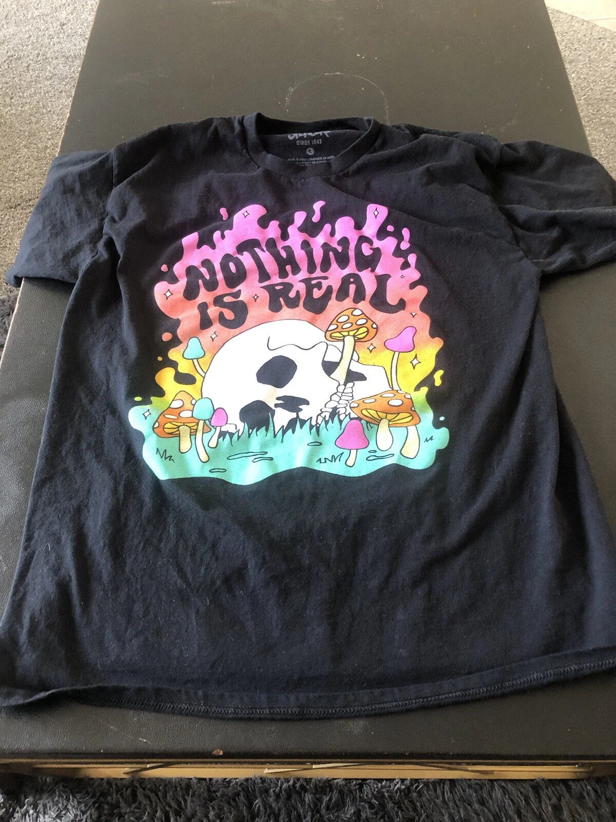 Spencers Nothing is Real Trippy Graphic T Shirt Large Mushrooms Skull Hippie B4 Unisex T-shirt, Sweatshirt, Hoodie, Long Sleeve Tee - T-Shirt, Sweatshirt, Hoodie