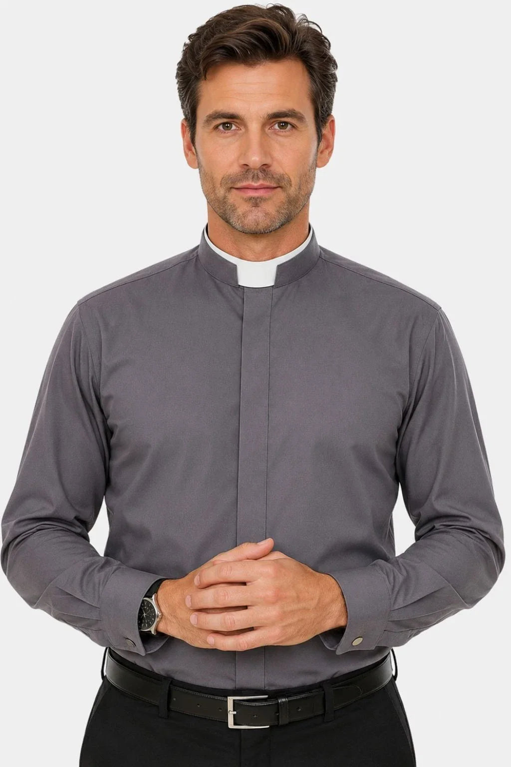 Men's Clergy Shirt Roman Collar Long Sleeve Grey Pastor Priest Church Wear Unisex T-shirt, Sweatshirt, Hoodie, Long Sleeve Tee - T-Shirt, Sweatshirt, Hoodie