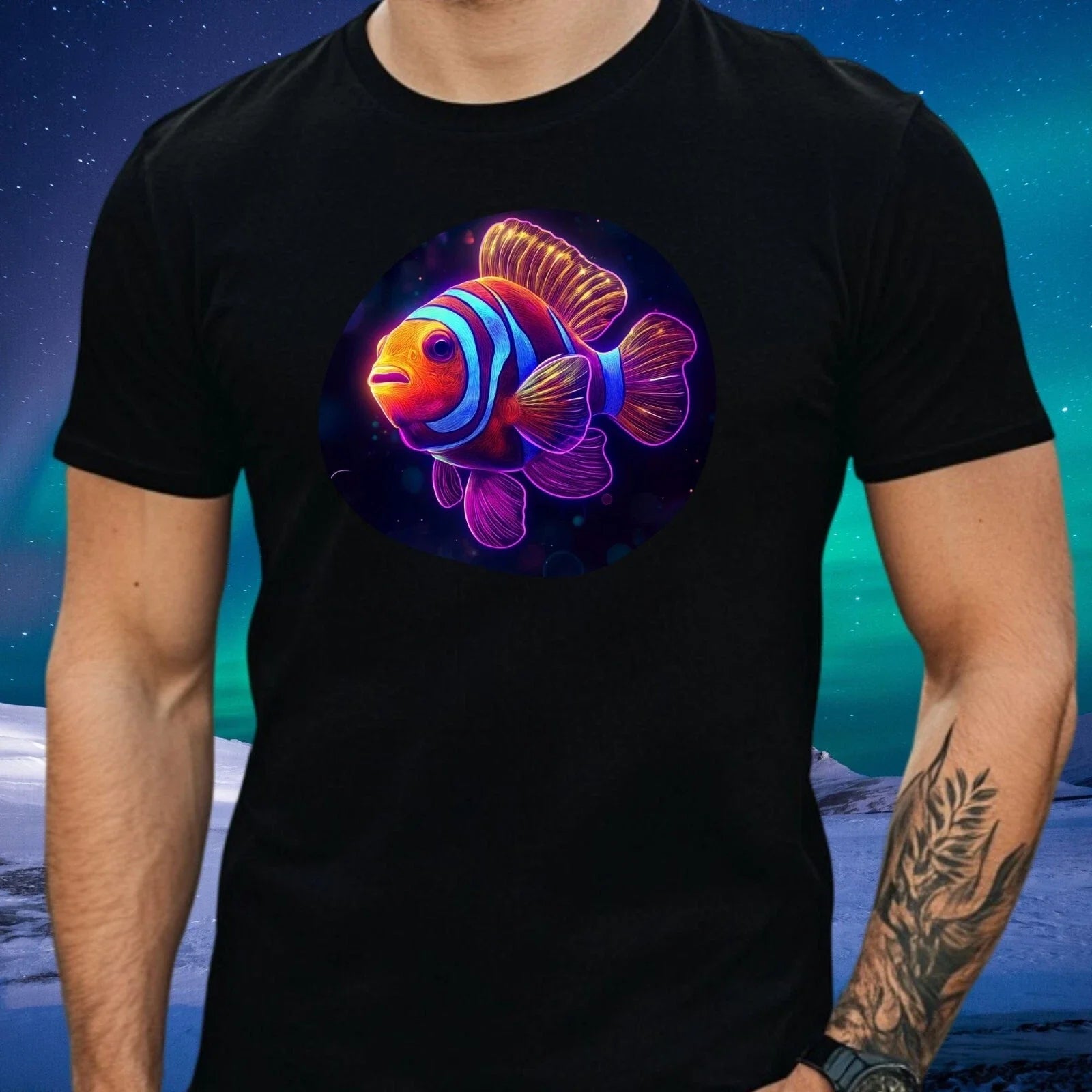 Mens Clownfish Neon Motif Cotton T-Shirt Size XS to 5XL Unisex T-shirt, Sweatshirt, Hoodie, Long Sleeve Tee - T-Shirt, Sweatshirt, Hoodie