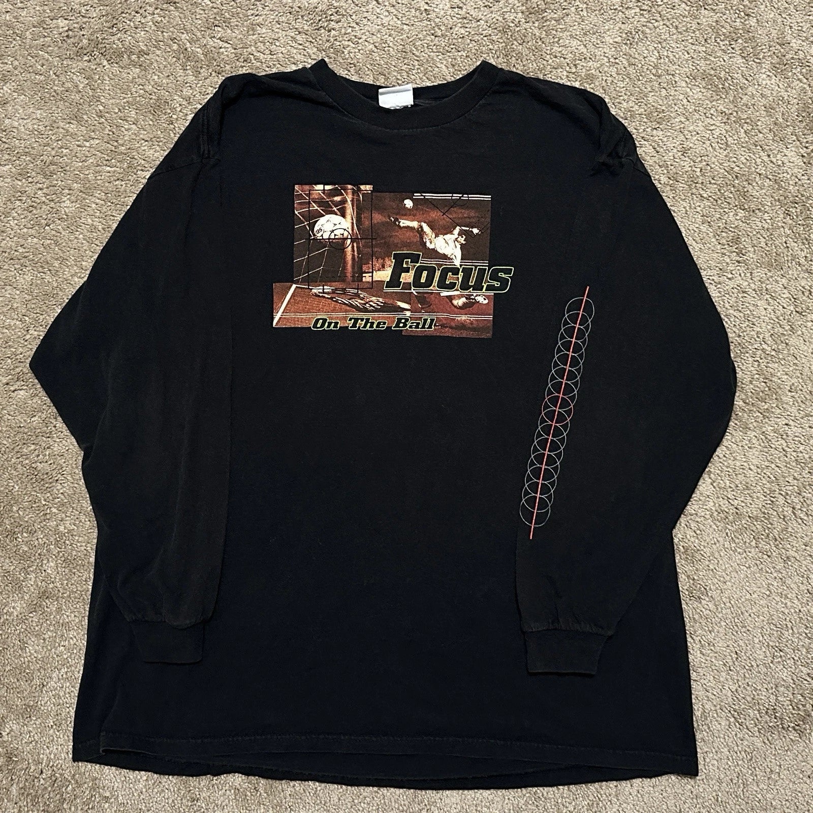 Vintage Soccer Shirt Mens 2XL Focus On The Ball Graphic Print Long Sleeve Black Unisex T-shirt, Sweatshirt, Hoodie, Long Sleeve Tee - T-Shirt, Sweatshirt, Hoodie
