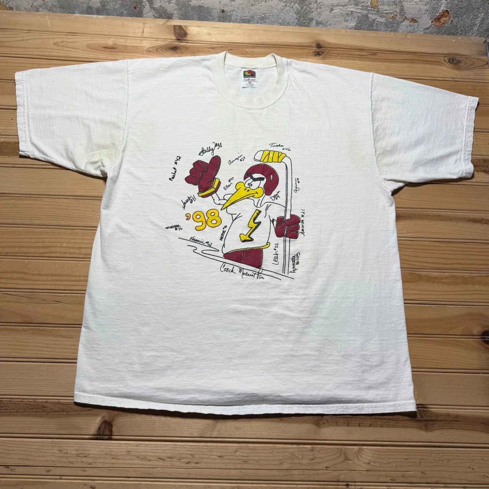 Vintage 1998 Team Signed Mascot Ice Hockey Cartoon Sports Graphic T-Shirt - XL Unisex T-shirt, Sweatshirt, Hoodie, Long Sleeve Tee - T-Shirt, Sweatshirt, Hoodie