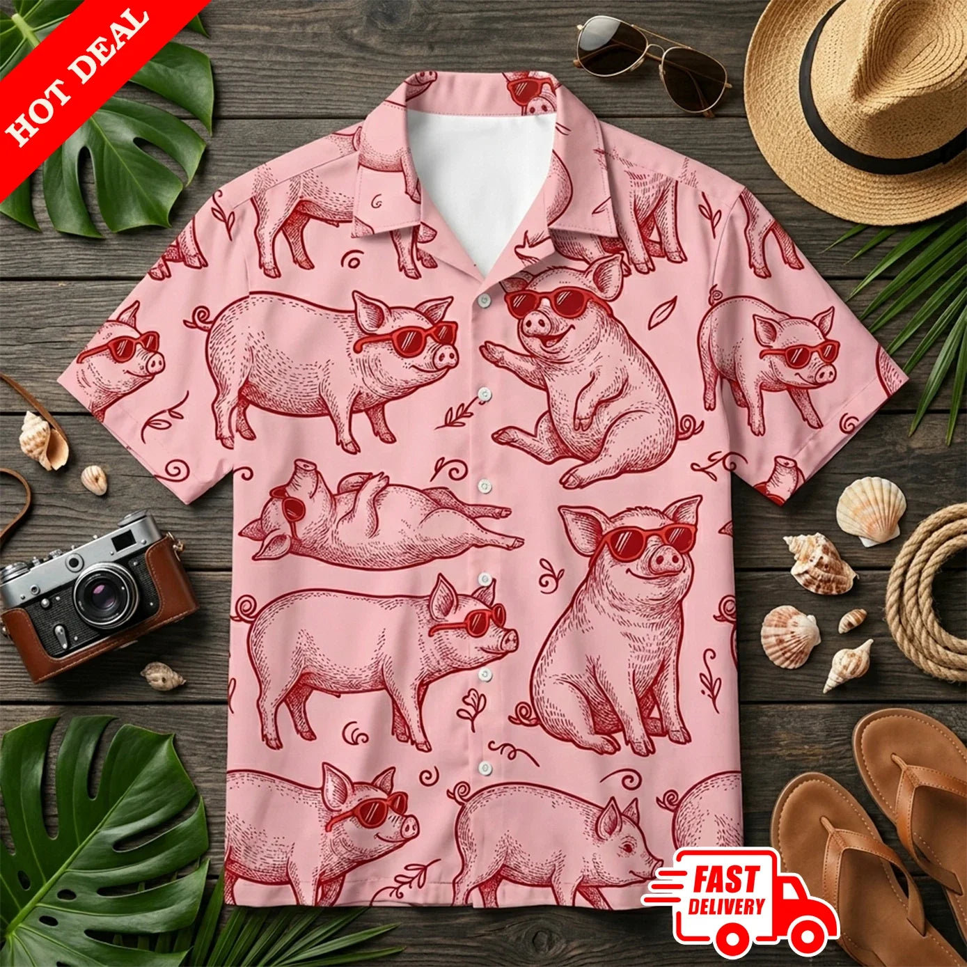 Funny Pig With Sunglasses Mens Pink Hawaiian Shirt Aloha Button Down Beach Party Unisex T-shirt, Sweatshirt, Hoodie, Long Sleeve Tee - T-Shirt, Sweatshirt, Hoodie