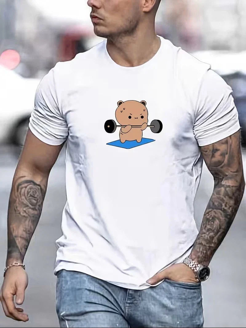 Men Bubu Dudu Cute Cartoon Bear Weightlifting Graphic Cotton T-Shirt Casual Tee Unisex T-shirt, Sweatshirt, Hoodie, Long Sleeve Tee - T-Shirt, Sweatshirt, Hoodie