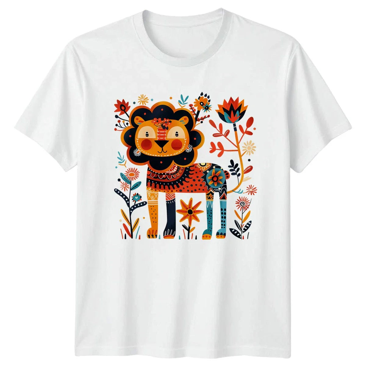Colorful Folk Art Lion Surrounded T-Shirt Boho Floral Wildlife Birthday Gift Unisex T-shirt, Sweatshirt, Hoodie, Long Sleeve Tee - T-Shirt, Sweatshirt, Hoodie