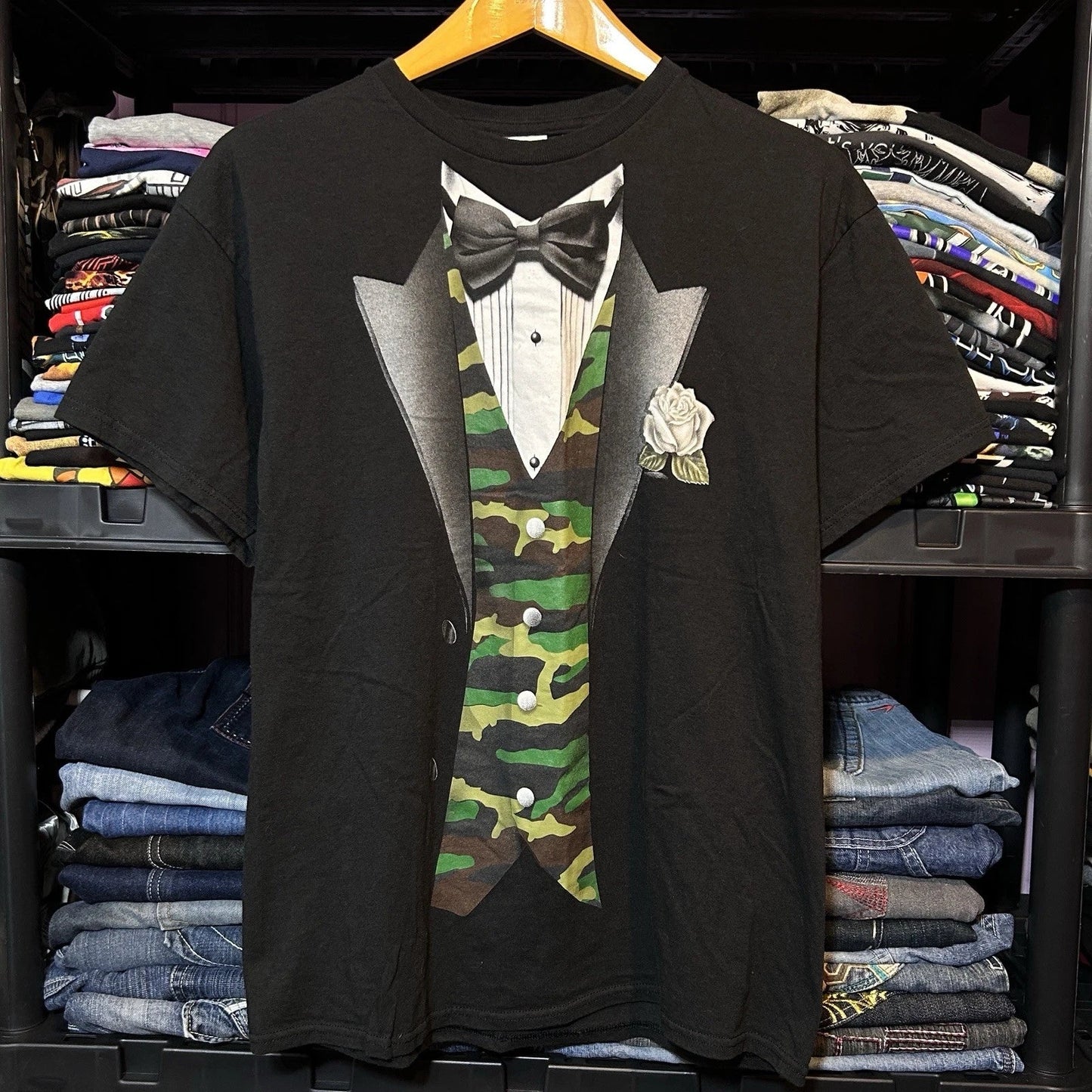 Y2K Camo Tuxedo Graphic T-Shirt Size L Unisex T-shirt, Sweatshirt, Hoodie, Long Sleeve Tee - T-Shirt, Sweatshirt, Hoodie