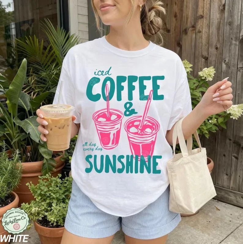 HOT ! Iced Coffee T Shirt Summer Graphic Tee Casual Coffee Lover Gift for Adults Unisex T-shirt, Sweatshirt, Hoodie, Long Sleeve Tee - T-Shirt, Sweatshirt, Hoodie