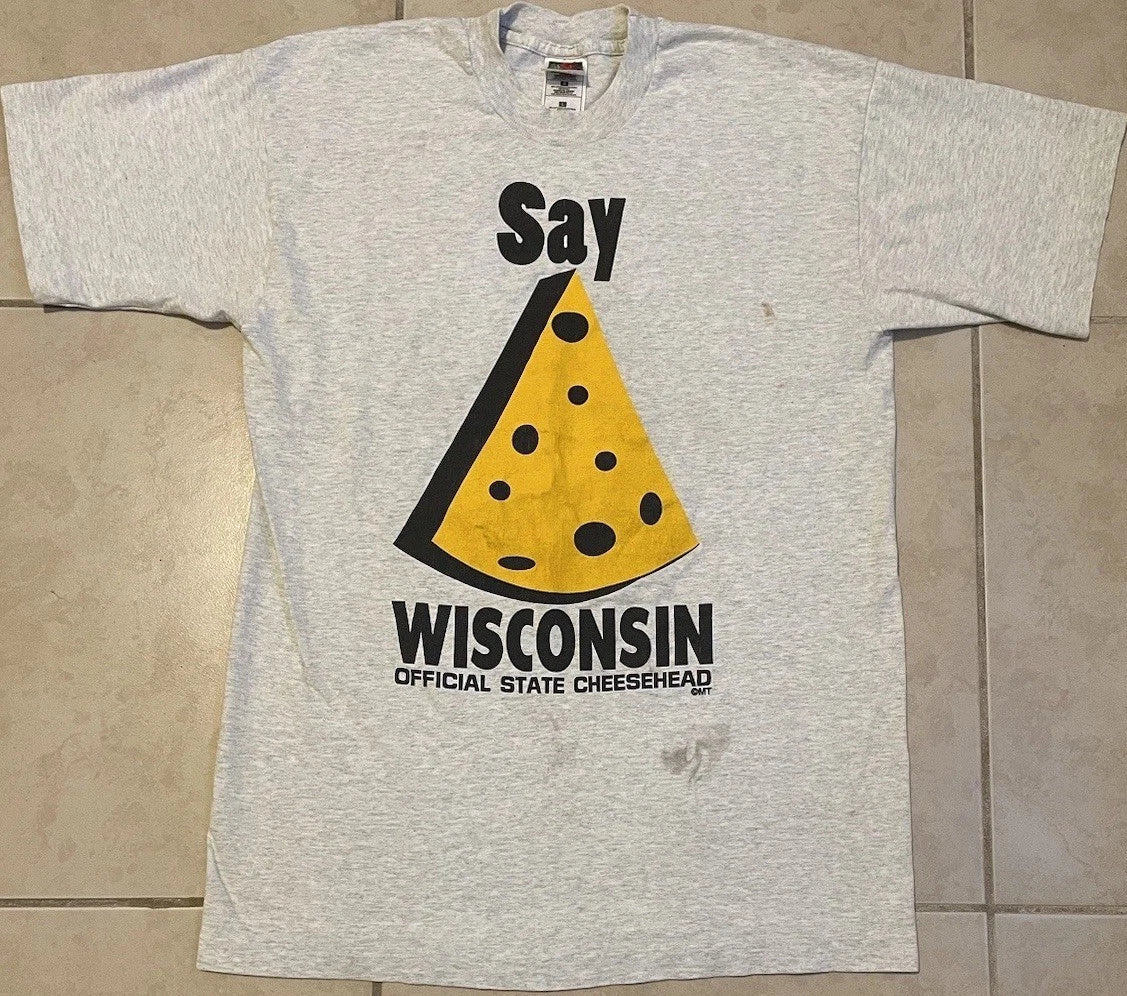 Vtg 90s Wisconsin Cheese Head Faded Distress Shirt L Funny Joke College Grunge Unisex T-shirt, Sweatshirt, Hoodie, Long Sleeve Tee - T-Shirt, Sweatshirt, Hoodie