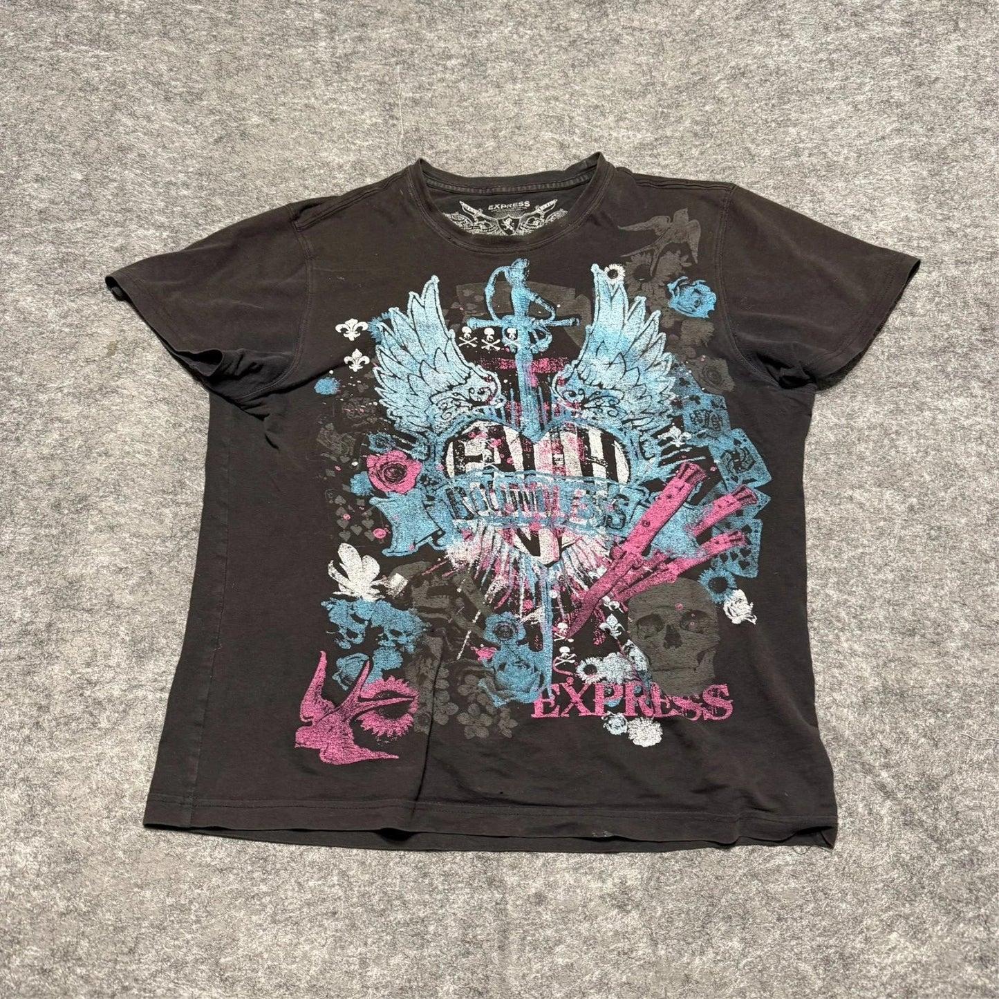 Vintage Express Mens T-Shirt Size M Black Faded All Over Print Affliction Style Unisex T-shirt, Sweatshirt, Hoodie, Long Sleeve Tee - T-Shirt, Sweatshirt, Hoodie