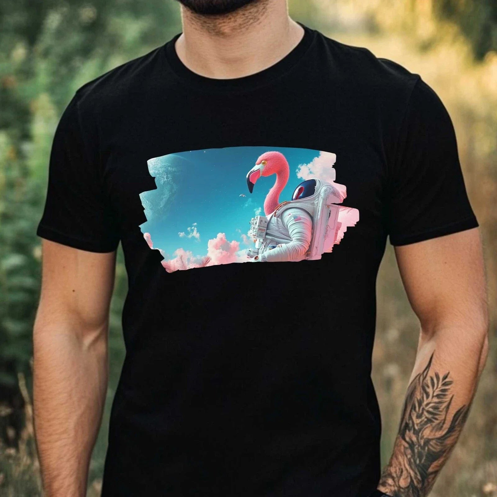 Mens Flamingo Astronaut Print Cotton T-Shirt Size XS to 5XL Unisex T-shirt, Sweatshirt, Hoodie, Long Sleeve Tee - T-Shirt, Sweatshirt, Hoodie