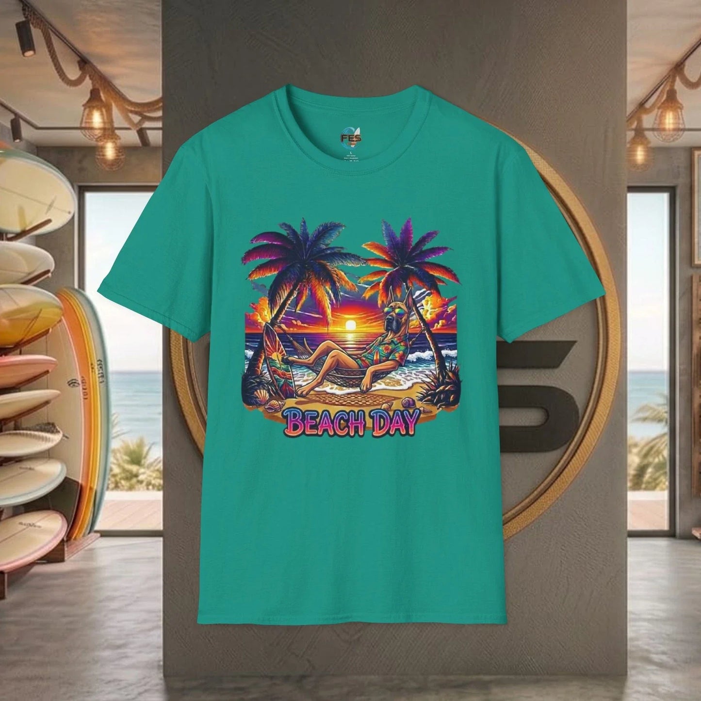 Cool Great Dane Dog Sunglass Sunset Beach Day Surf Unisex SoftStyle T-Shirt Unisex T-shirt, Sweatshirt, Hoodie, Long Sleeve Tee - T-Shirt, Sweatshirt, Hoodie