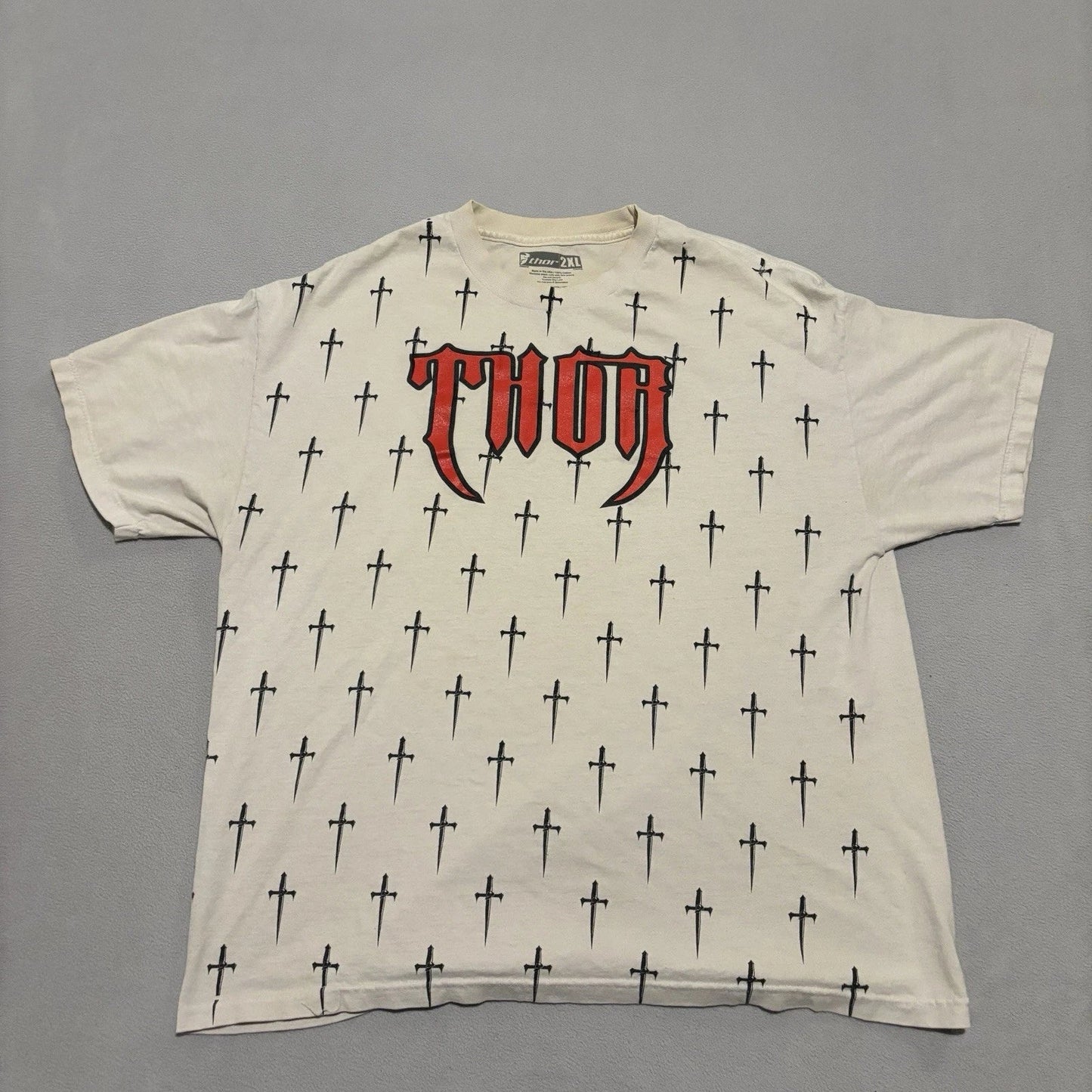 Thor Racing T Shirt Size 2XL Cream Short Sleeves Y2K Grunge Christ Cross Print Unisex T-shirt, Sweatshirt, Hoodie, Long Sleeve Tee - T-Shirt, Sweatshirt, Hoodie