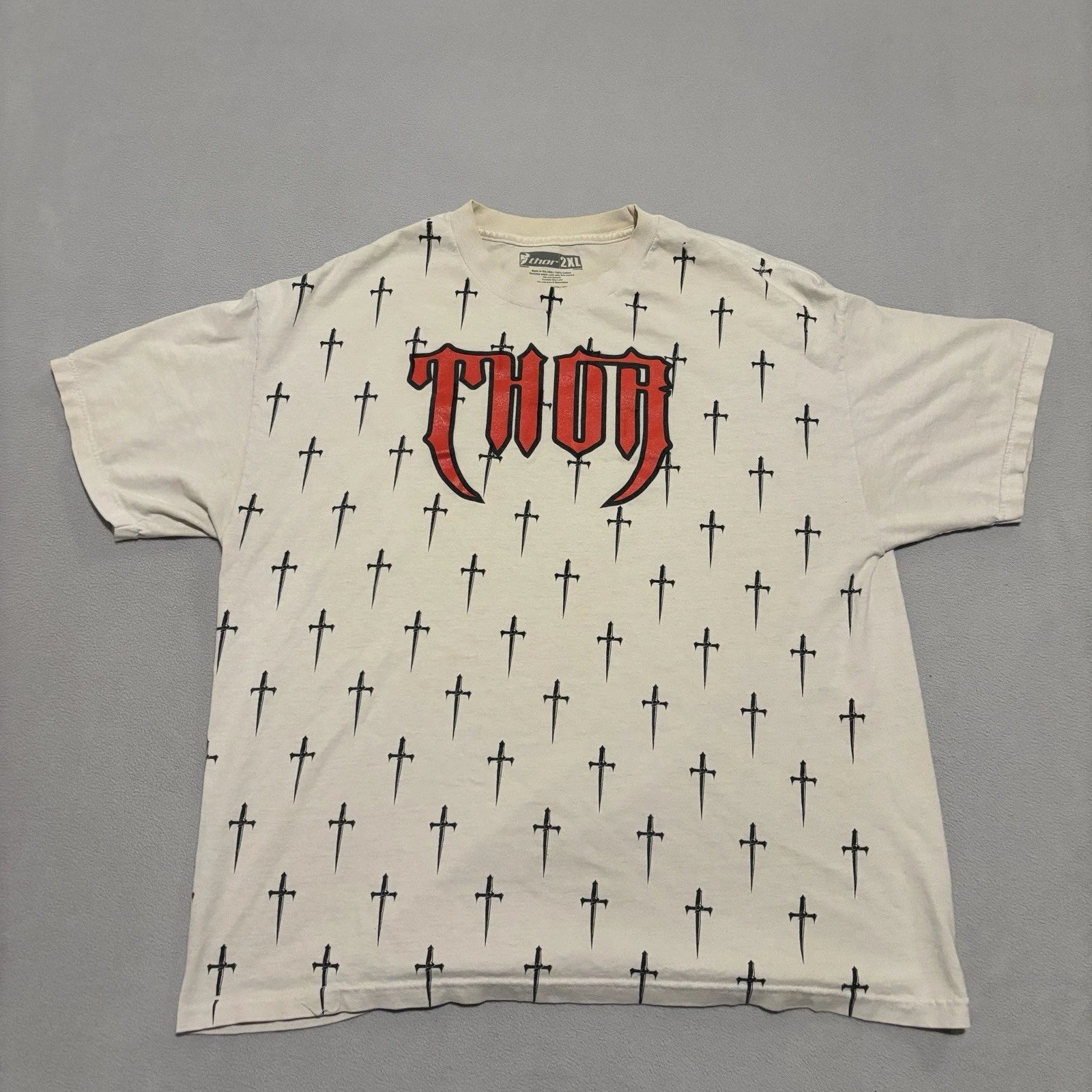 Thor Racing T Shirt Size 2XL Cream Short Sleeves Y2K Grunge Christ Cross Print Unisex T-shirt, Sweatshirt, Hoodie, Long Sleeve Tee - T-Shirt, Sweatshirt, Hoodie