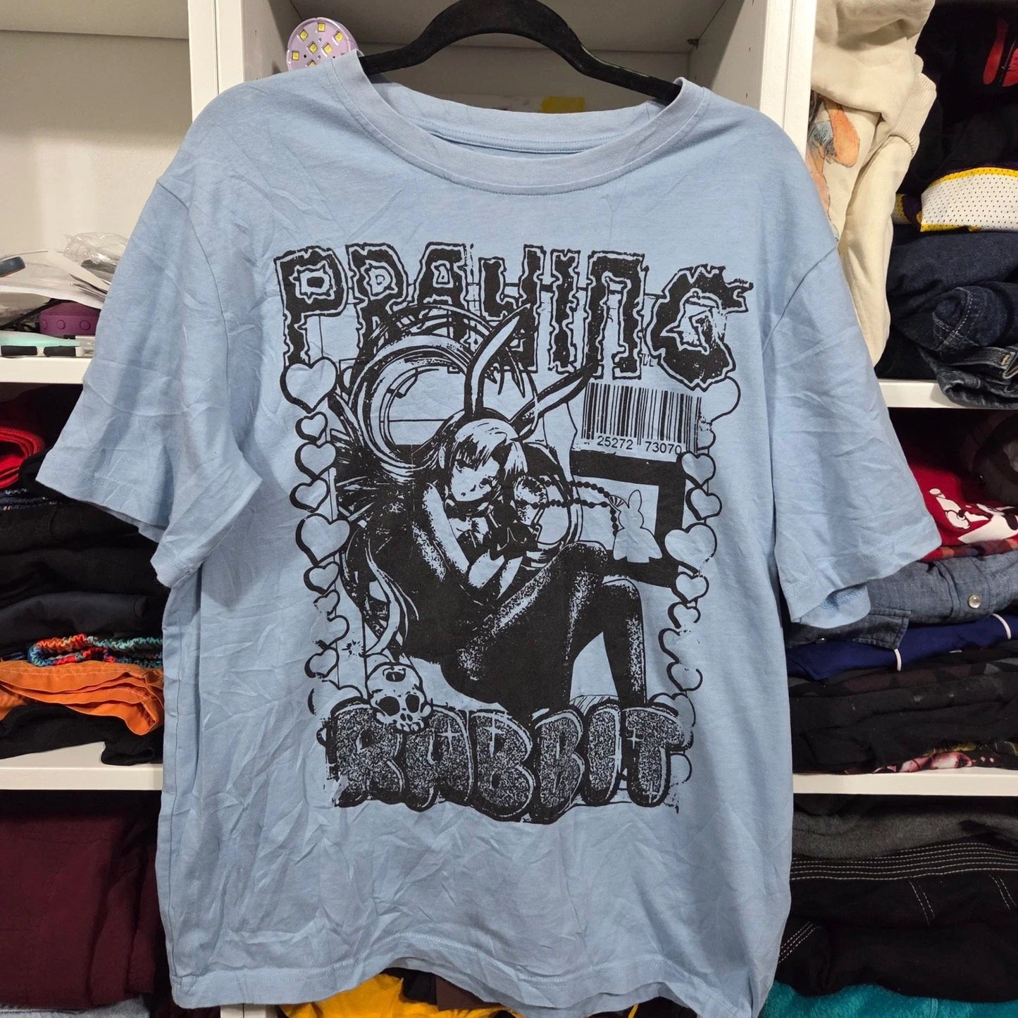 Praying Rabbit Mens Graphic T-Shirt Light Blue Anime Bunny Streetwear Large L Unisex T-shirt, Sweatshirt, Hoodie, Long Sleeve Tee - T-Shirt, Sweatshirt, Hoodie