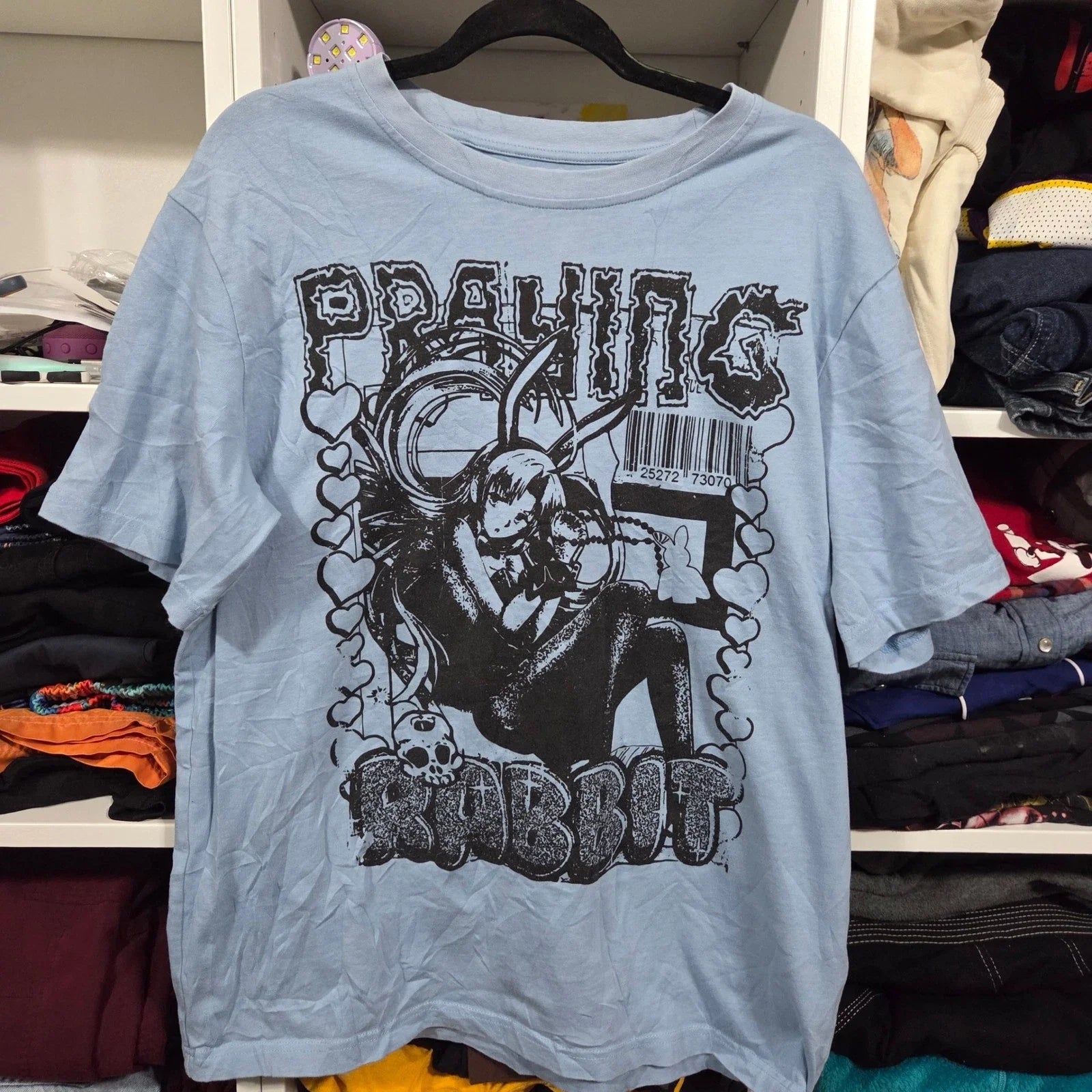 Praying Rabbit Mens Graphic T-Shirt Light Blue Anime Bunny Streetwear Large L Unisex T-shirt, Sweatshirt, Hoodie, Long Sleeve Tee - T-Shirt, Sweatshirt, Hoodie