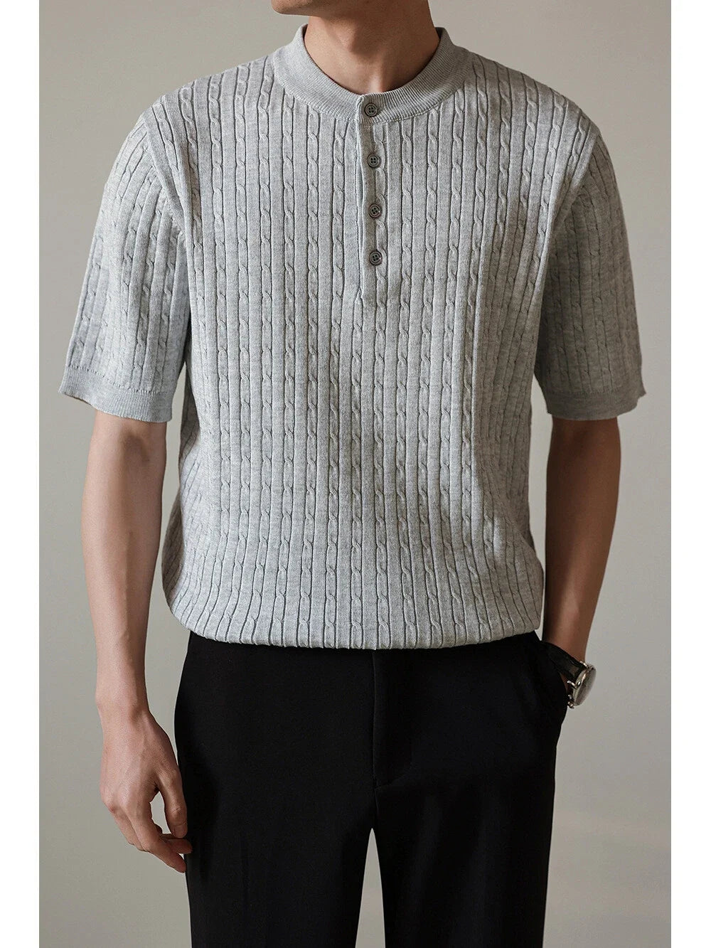 Mens Knitted Short Sleeve H Shirt Casual Slim Shirts Button Tops Blouse Unisex T-shirt, Sweatshirt, Hoodie, Long Sleeve Tee - T-Shirt, Sweatshirt, Hoodie