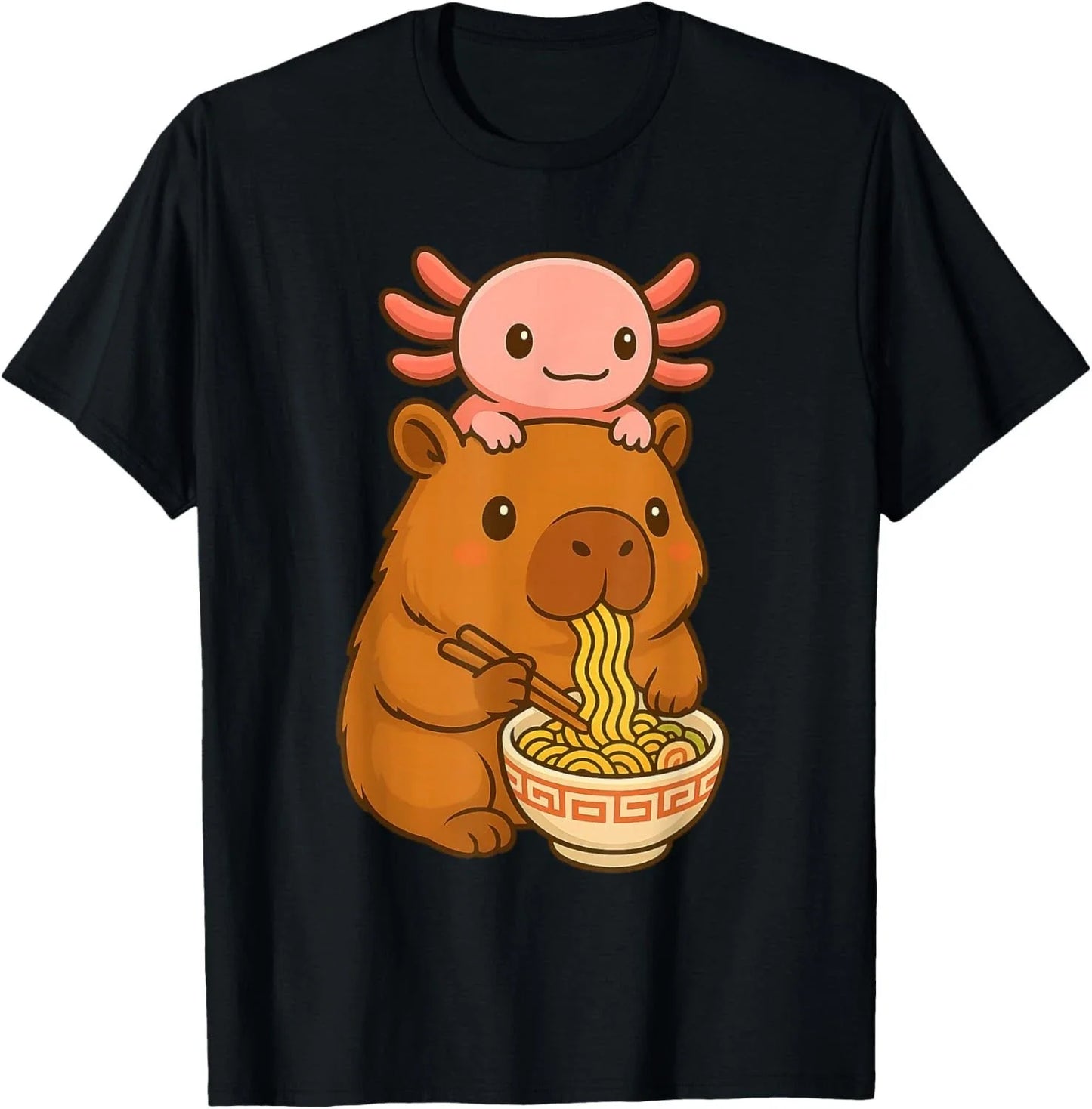 Funny Axolotl Noodle Anime Kawaii and Capybara Eating Ramen  unisex T-Shirt Unisex T-shirt, Sweatshirt, Hoodie, Long Sleeve Tee - T-Shirt, Sweatshirt, Hoodie