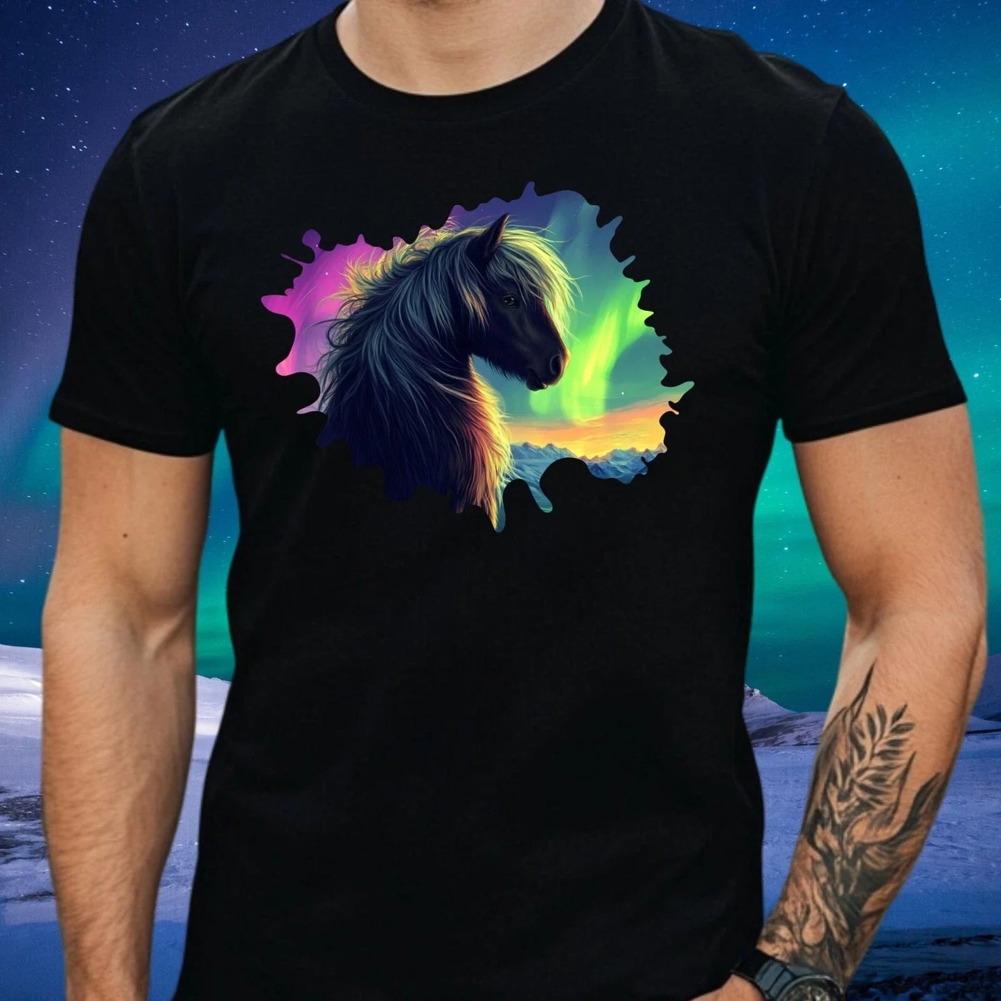 Mens Shetland Pony Northern Lights Print Cotton T-Shirt Size XS to 5XL Unisex T-shirt, Sweatshirt, Hoodie, Long Sleeve Tee - T-Shirt, Sweatshirt, Hoodie