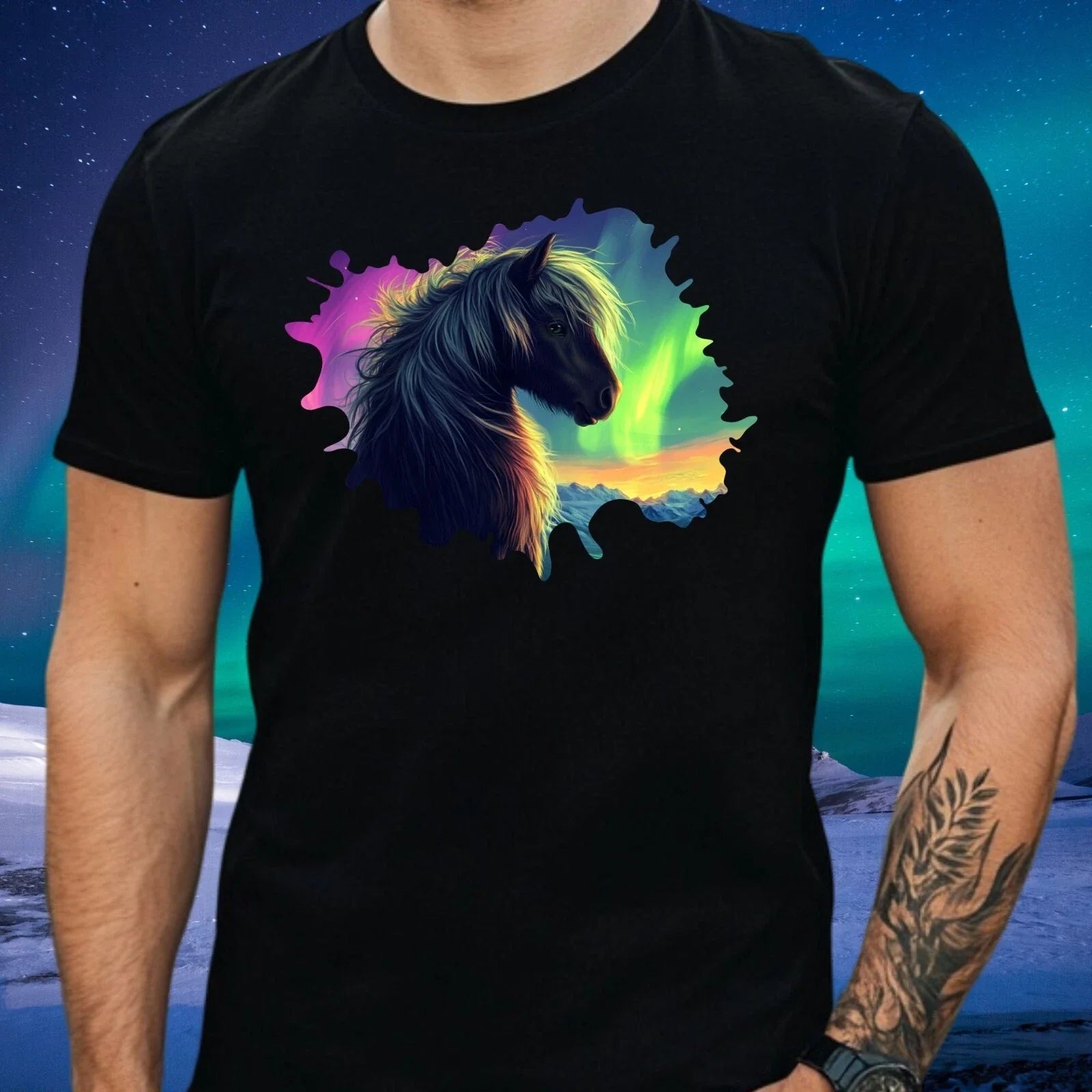 Mens Shetland Pony Northern Lights Print Cotton T-Shirt Size XS to 5XL Unisex T-shirt, Sweatshirt, Hoodie, Long Sleeve Tee - T-Shirt, Sweatshirt, Hoodie
