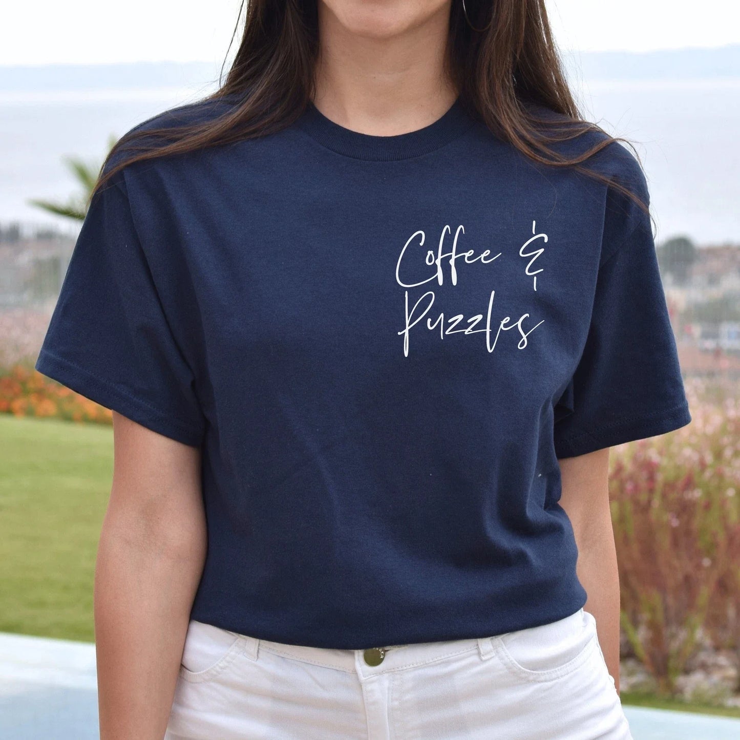 Coffee and puzzles pocket Unisex T-shirt Puzzles lover tee Black Navy Dark Heath Unisex T-shirt, Sweatshirt, Hoodie, Long Sleeve Tee - T-Shirt, Sweatshirt, Hoodie