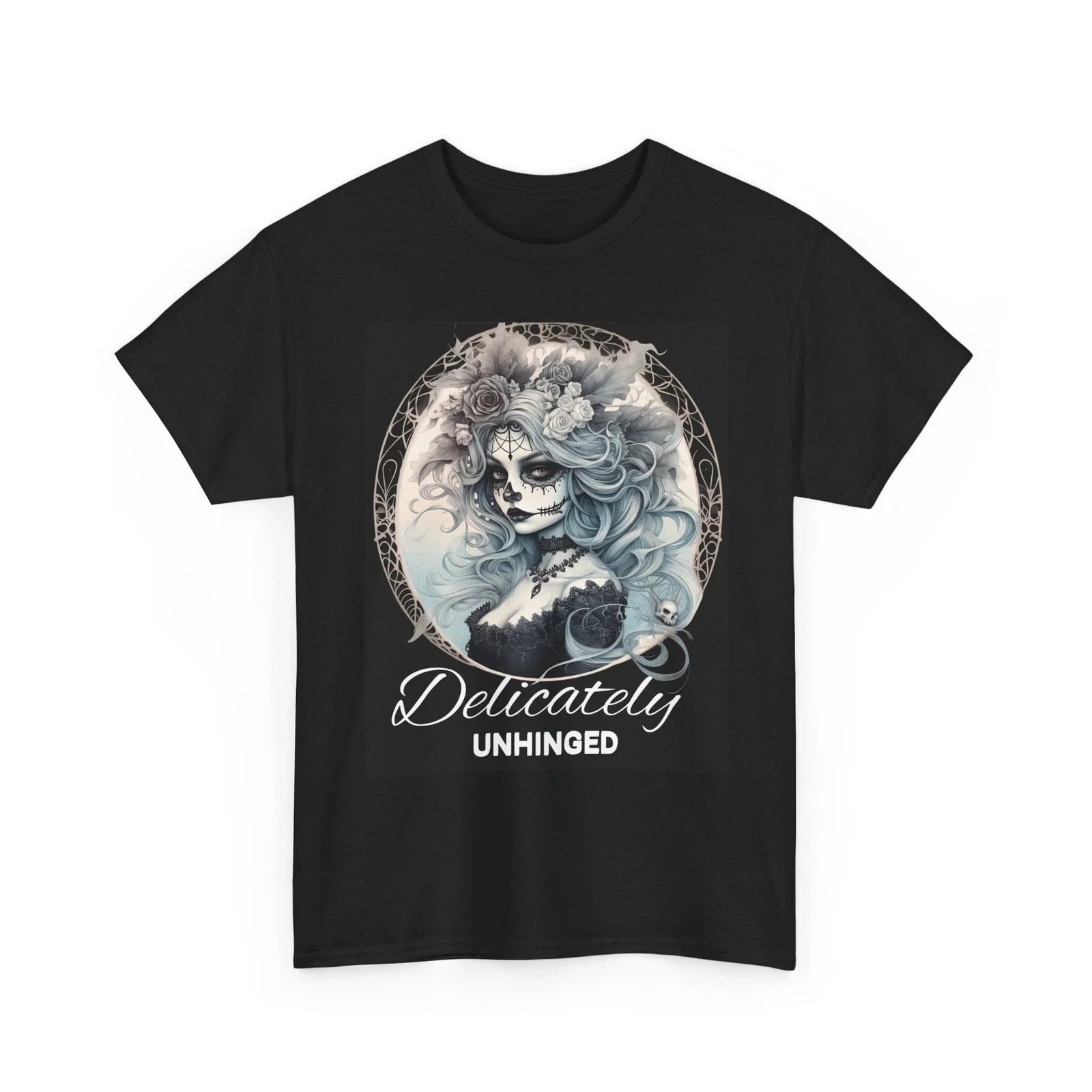 Delicately Unhinged Gothic T-Shirt  Gray Design on Black Tee Unisex T-shirt, Sweatshirt, Hoodie, Long Sleeve Tee - T-Shirt, Sweatshirt, Hoodie