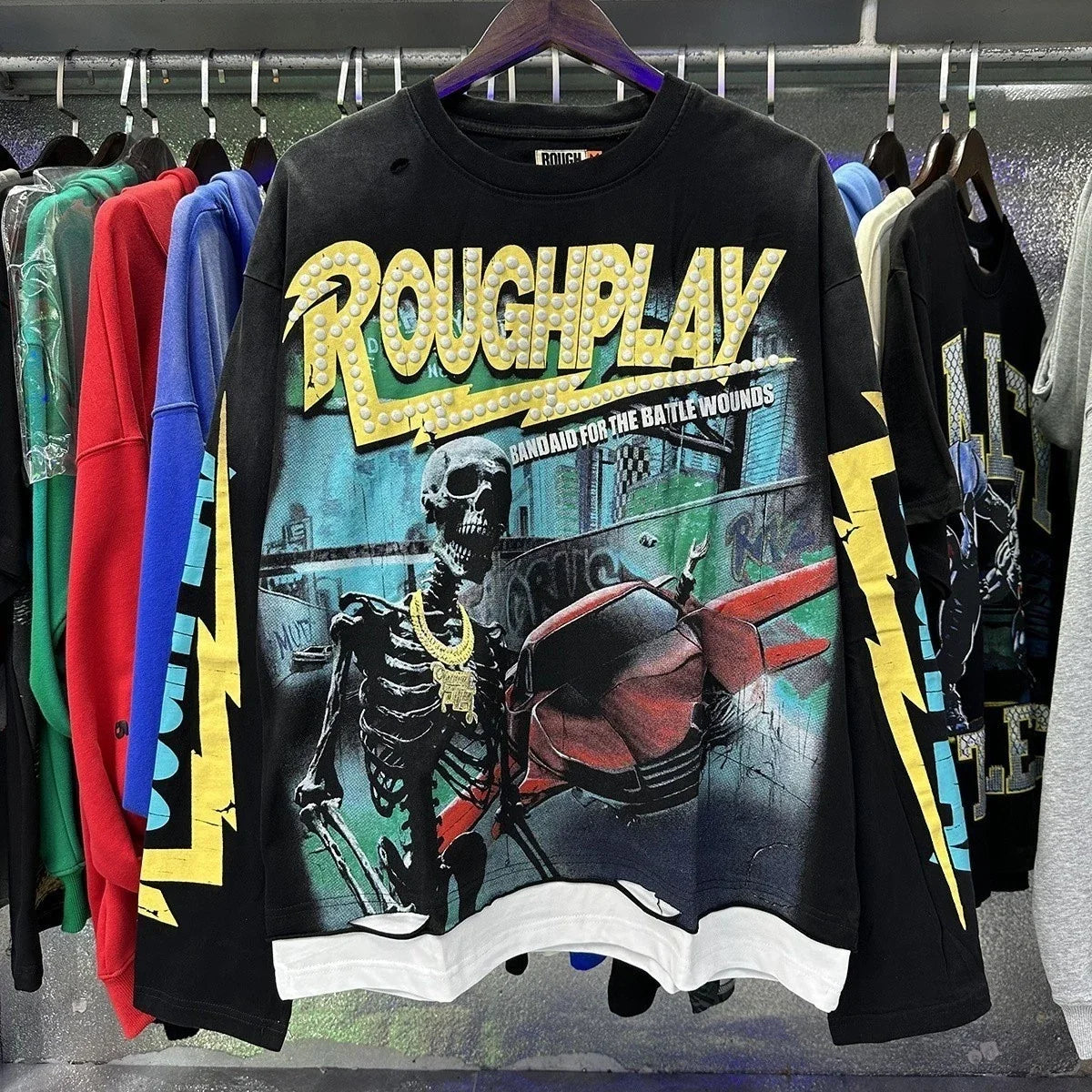 RoughPlay Retro Silver-Print Loose Holey Fake Two-Piece Long-Sleeve Unisex T-shirt, Sweatshirt, Hoodie, Long Sleeve Tee - T-Shirt, Sweatshirt, Hoodie