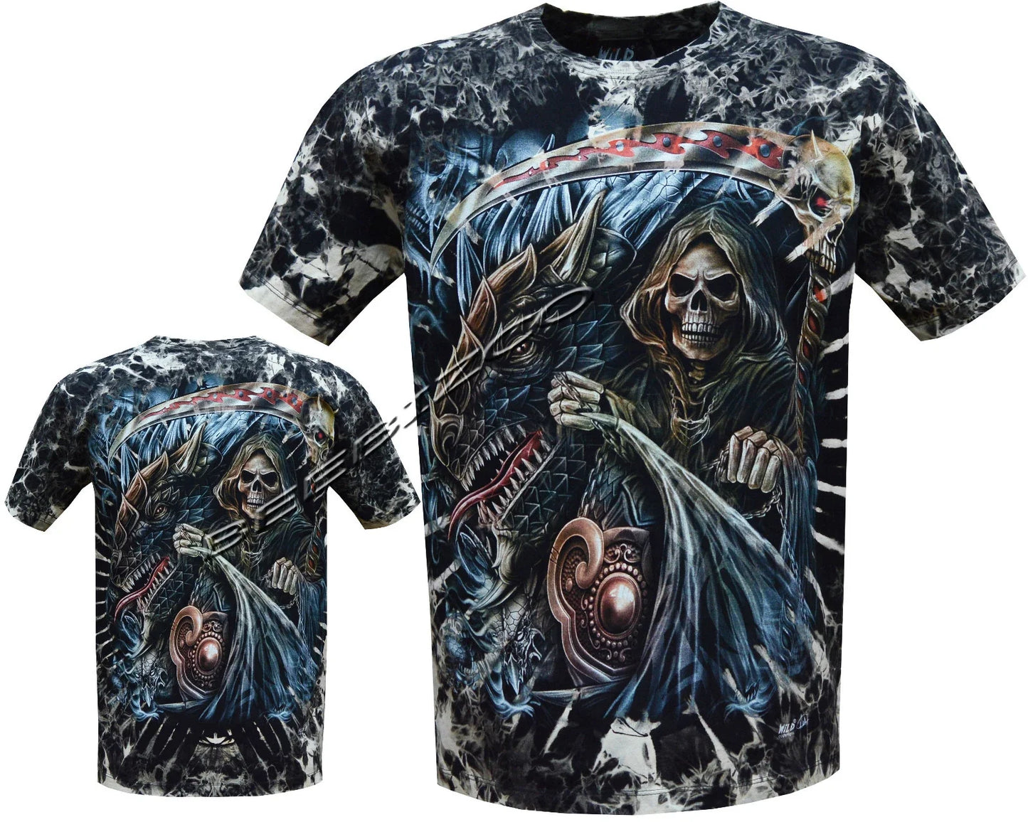Mens Grim Reaper Skull Dragon Glow In Dark Tattoo Goth Tye Dye T-Shirt M - 2XL Unisex T-shirt, Sweatshirt, Hoodie, Long Sleeve Tee - T-Shirt, Sweatshirt, Hoodie