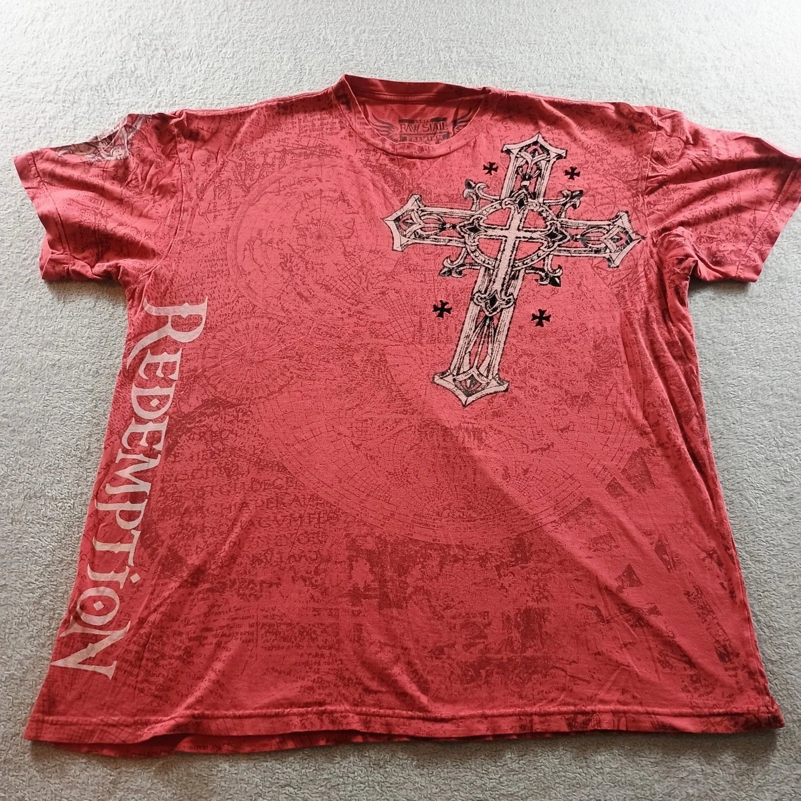 Raw State Mens Large Red Gothic Cross Wing Graphic Tee Redemption Shirt Unisex T-shirt, Sweatshirt, Hoodie, Long Sleeve Tee - T-Shirt, Sweatshirt, Hoodie