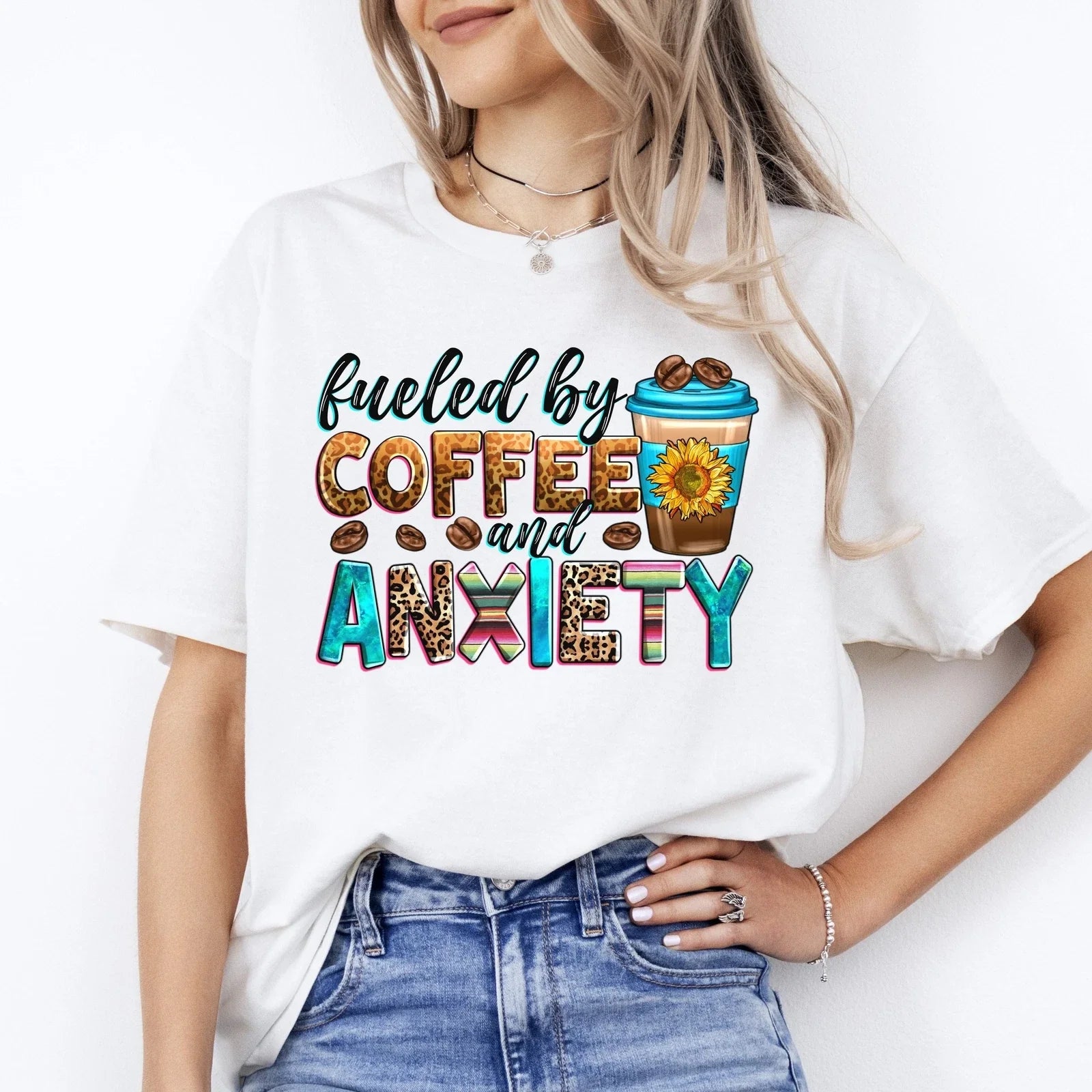 Fueled by coffee and anxiety T-Shirt gift Sunflower coffee lover Unisex tee Sand Unisex T-shirt, Sweatshirt, Hoodie, Long Sleeve Tee - T-Shirt, Sweatshirt, Hoodie