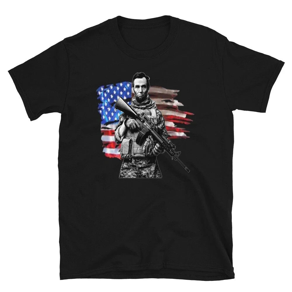 Tactical Abe Lincoln Soldier with Flag Short-Sleeve Unisex T-Shirt Unisex T-shirt, Sweatshirt, Hoodie, Long Sleeve Tee - T-Shirt, Sweatshirt, Hoodie